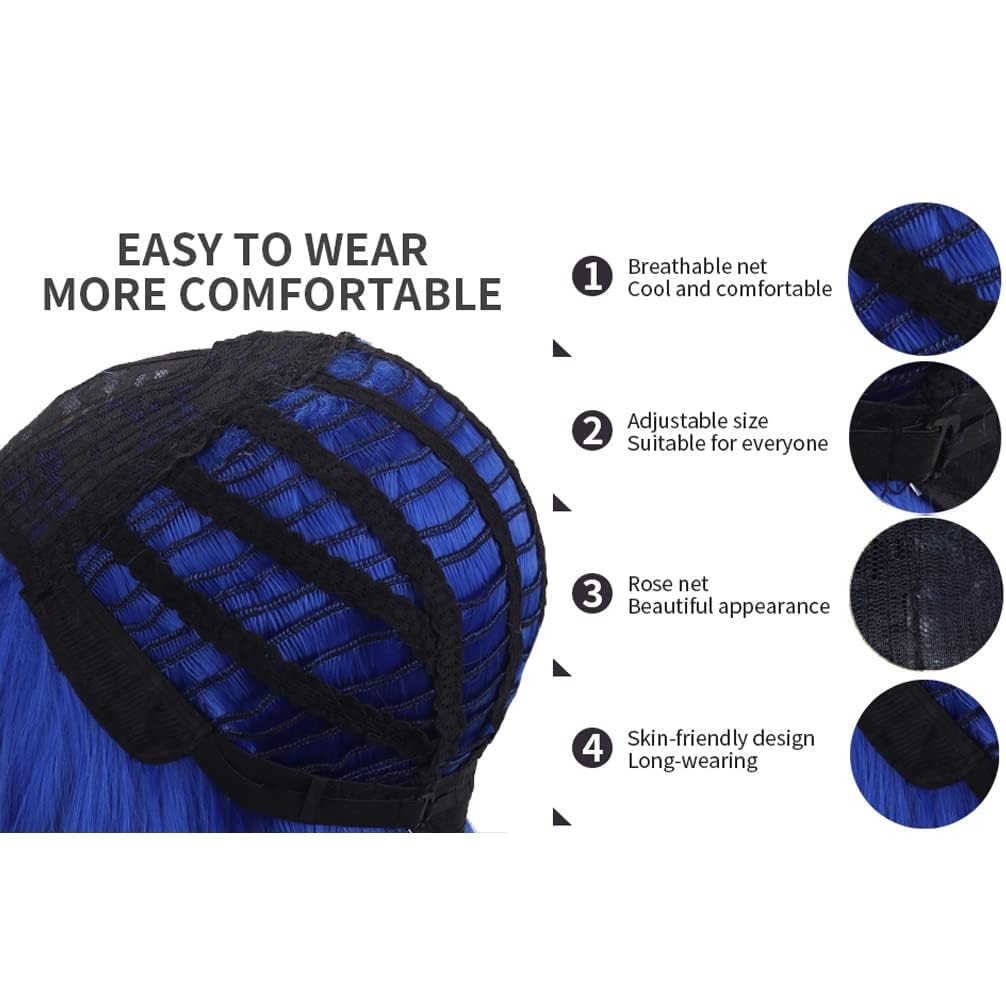 BERON 14 Inches Royal Blue Wig Short Curly Wig Dark Blue Bob Wigs Women Beach Wave Wigs for Cosplay Costume Party Hairnet Included - Image 5