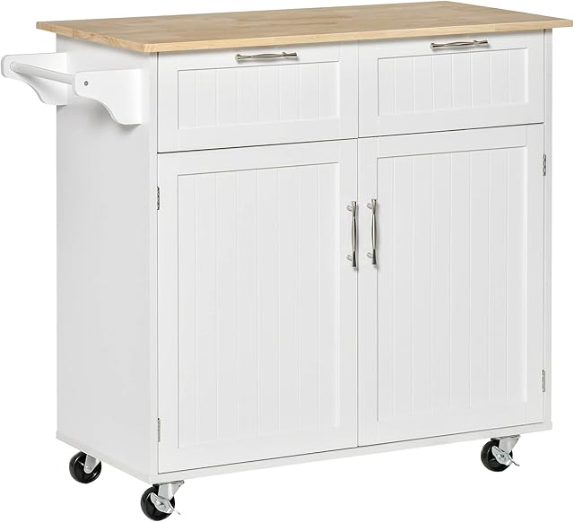 HOMCOM Modern Rolling Kitchen Island Storage Cart Utility Trolley with Rubberwood Top Two Drawers-White