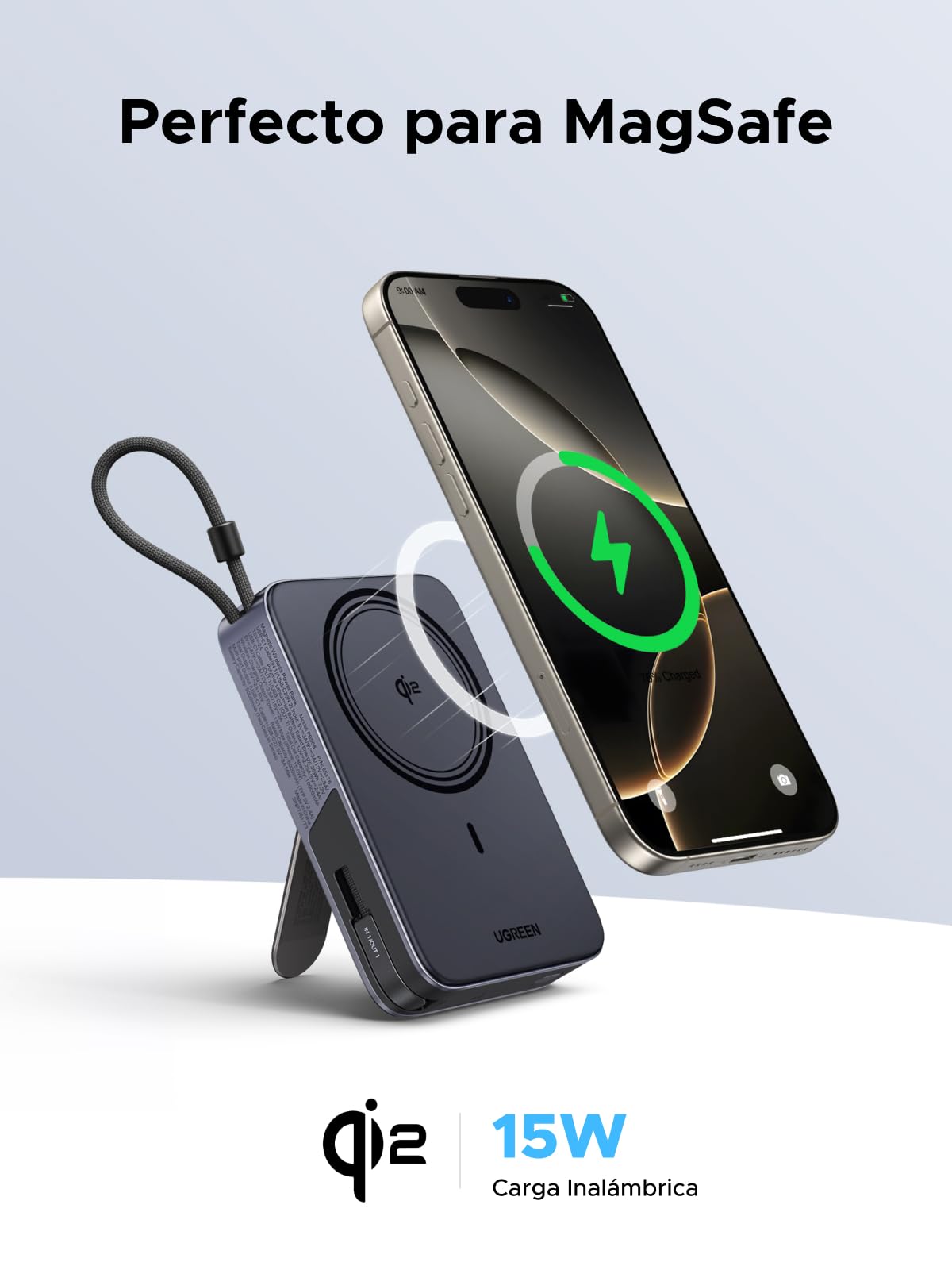 UGREEN Zapix Qi2 15W Power Bank Inalámbrico 10000mAh Batería Externa 30W | Soporte Plegable, Cargador Portátil Inalámbrico, Carga Rápida Magnético Compatible con iPhone 17 16 15 14 13 Air Plus Pro Max