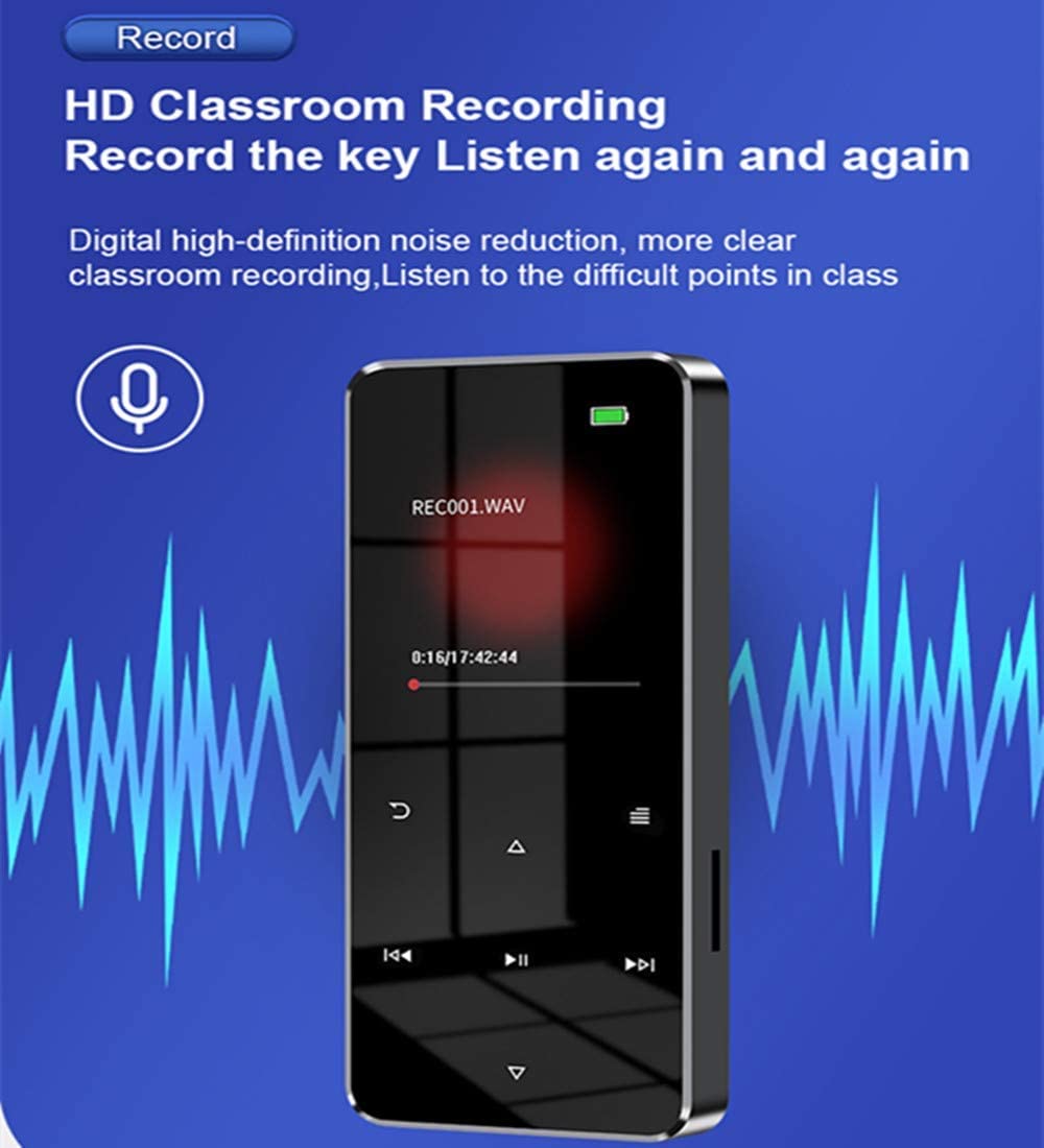 Lettore MP3 da 64 GB con Bluetooth 5.0 2.0 pollici schermo touch pulsante portatile Hi-Fi senza perdita di musica altoparlante con radio FM registratore sveglia contapassi cuffie cablate scheda