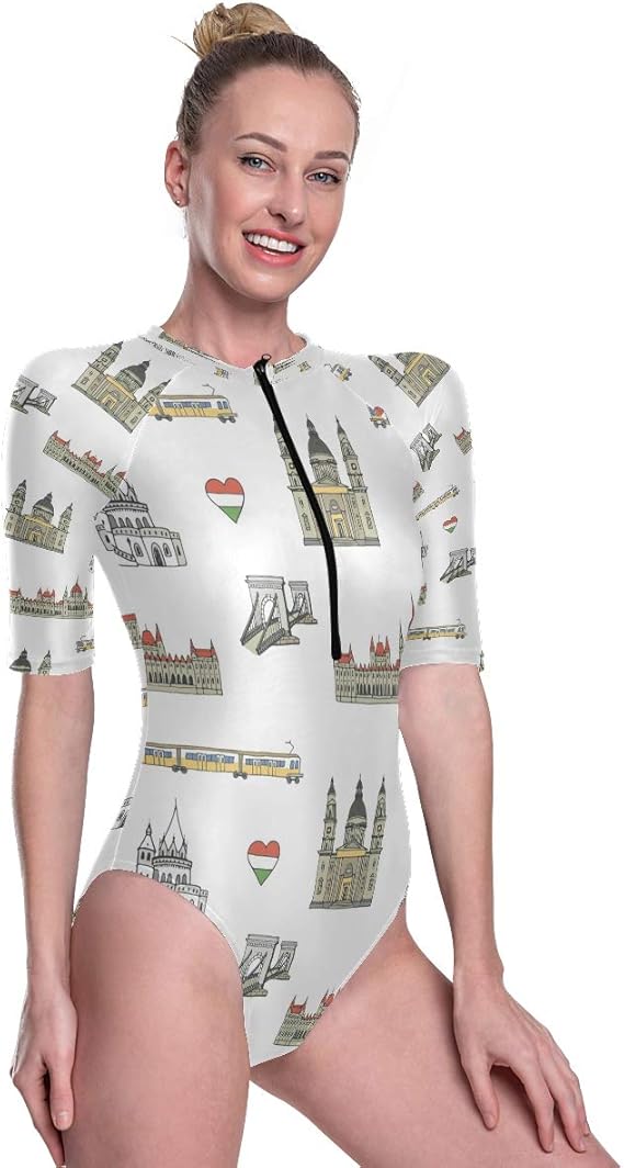 Amazon 半袖ワンピース水着 ヨーロッパの建築 レディース 競泳水着 女性半袖スイムウェア フィットネス水着 体型カバー トレーニング ウェットスーツ スクール水着 温泉 水泳 プリント 海水浴 かわいい ファスナー付き ワンピース 通販