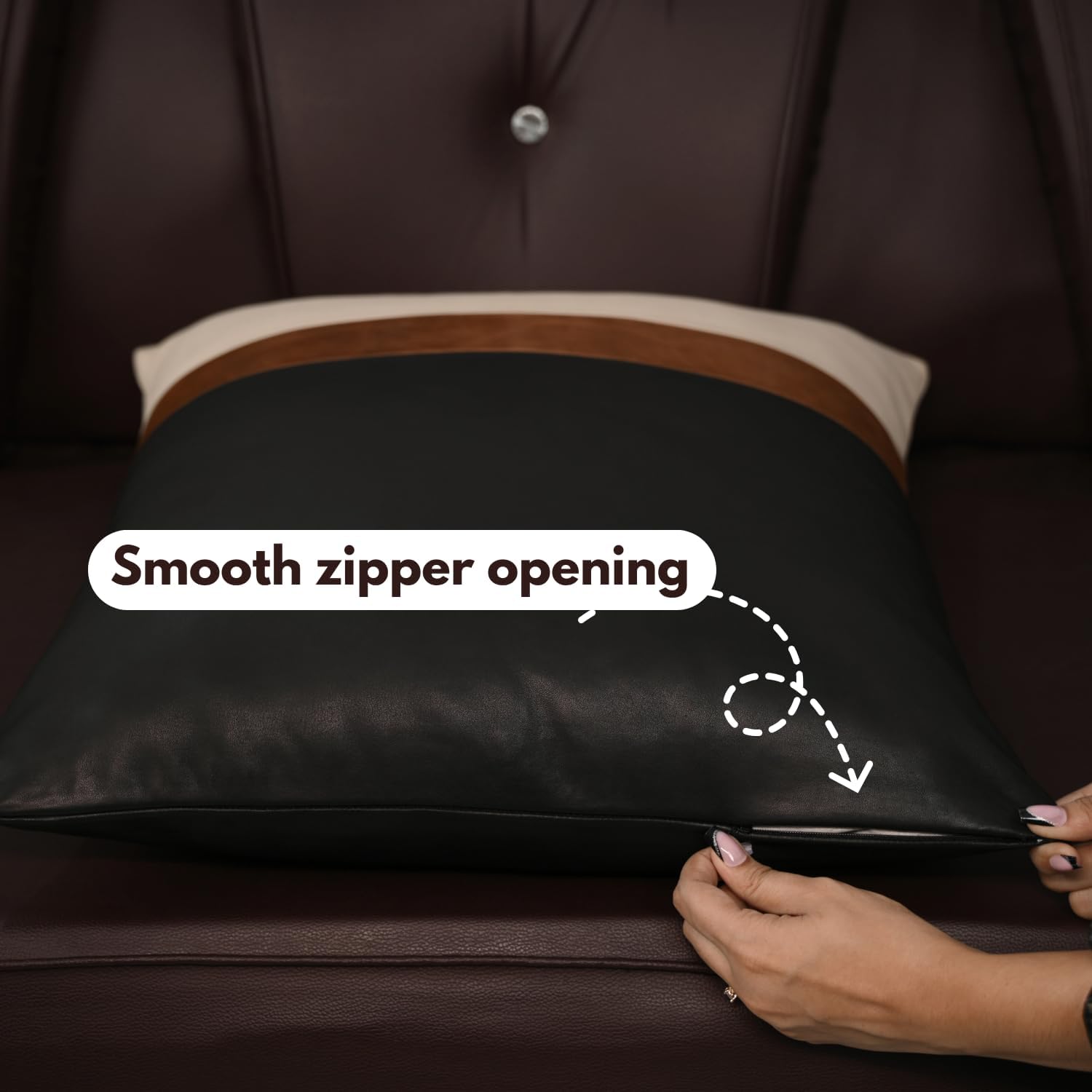 D DOLLY LAMB Lambskin Leather Pillow Cover - Sofa Cushion Case - Decorative Throw Covers for Living Room & Bedroom, 18x18 Inches - Black, Brown & Off White Pack of 2