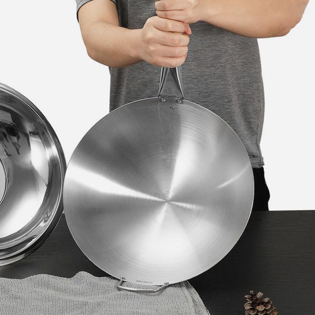 Hemoton Stainless Steel Wok, 13 Stir Fry Pans, Chinese Wok with Wooden and Steel Helper Handle for Induction, Electric, Gas, All Stoves (13 Inch, Round Bottom)