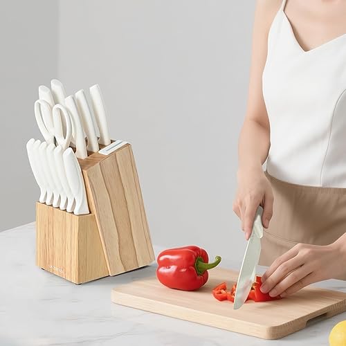 Miniatura 6 de Juego de cuchillos de 15 piezas, juego de cuchillos de cocina, juego de cuchillos de acero inoxidable blanco con afilador para picar, rebanar,