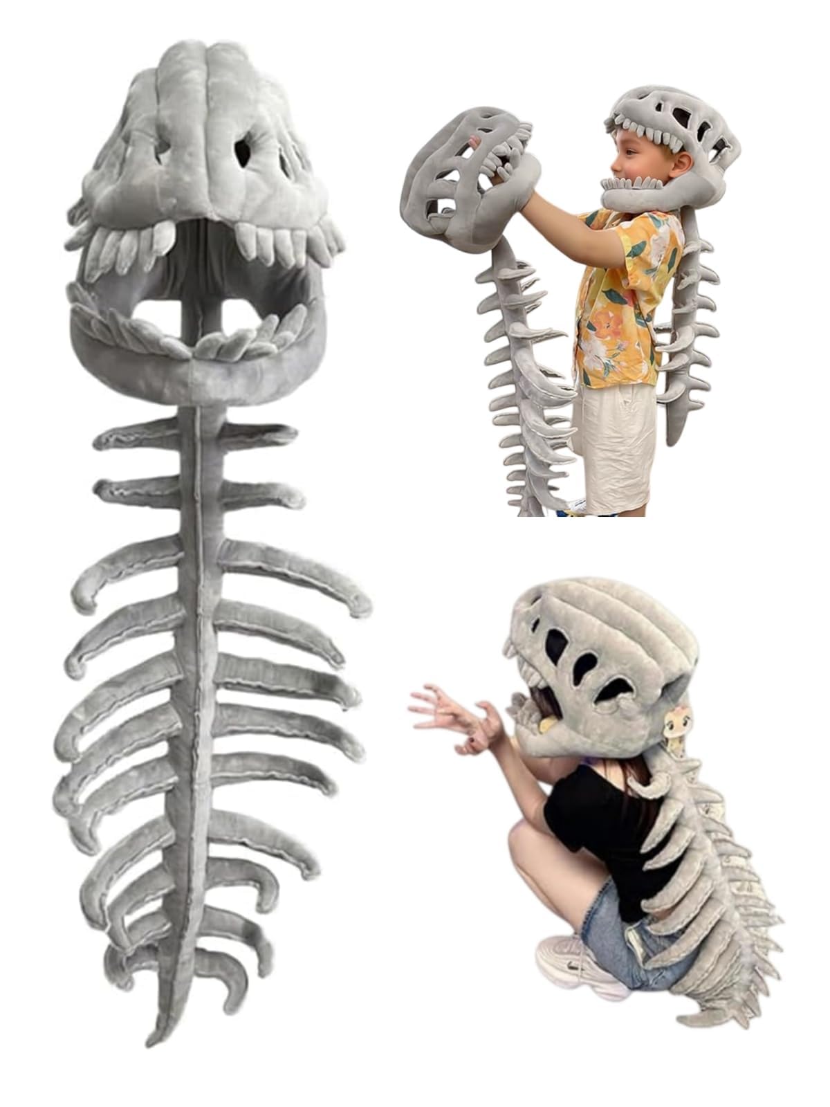 Silly Dino Plush Skeleton Dinosaur Skeleton Costume with 3D Spinosaurus Skull Mask for Dress-Up Party Fun