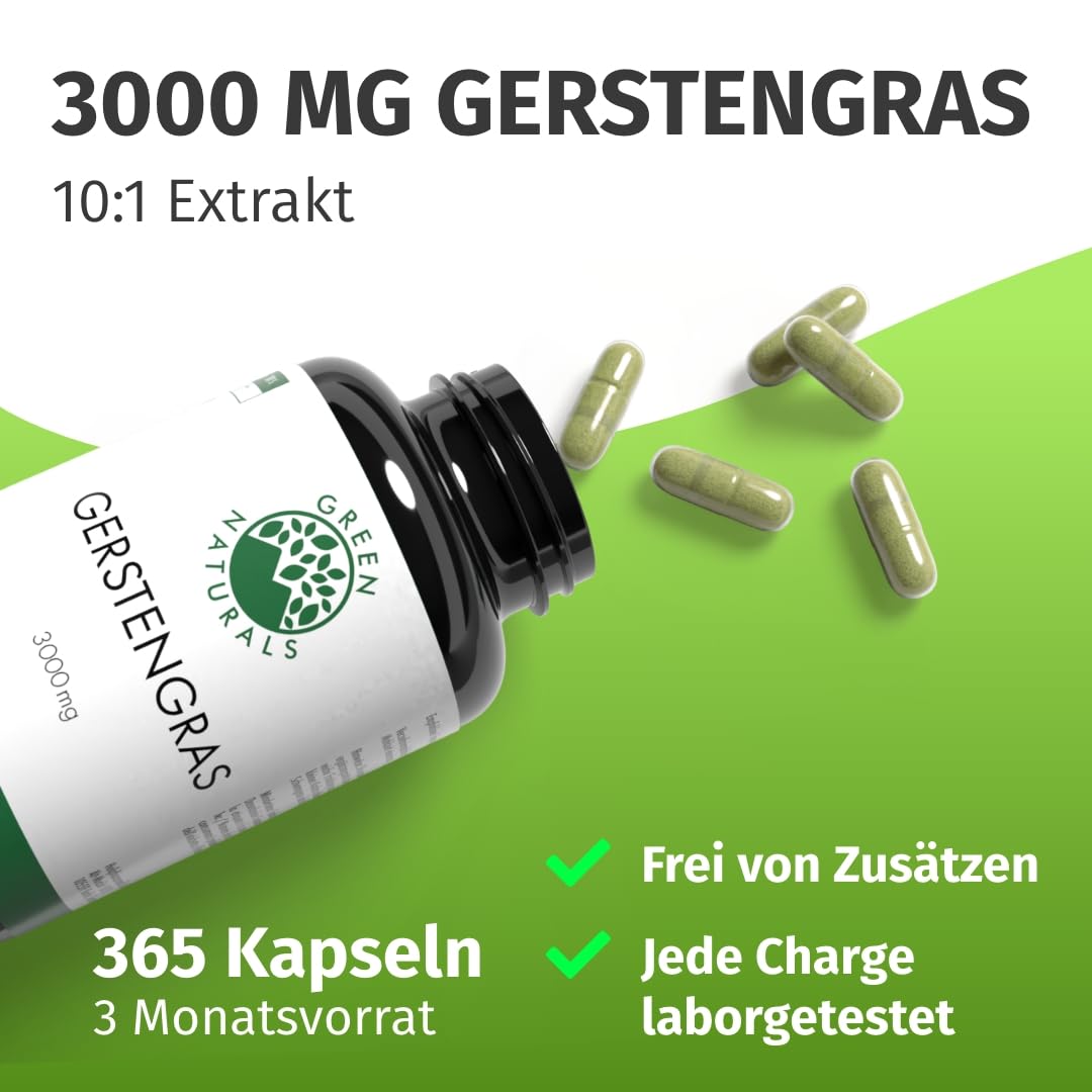 Green Naturals Gerstengras – Hochdosiert: 3.000 mg Extrakt – 365 Kapseln | 10:1 pro Tagesdosis · 3-Monatsvorrat · Laborgeprüft