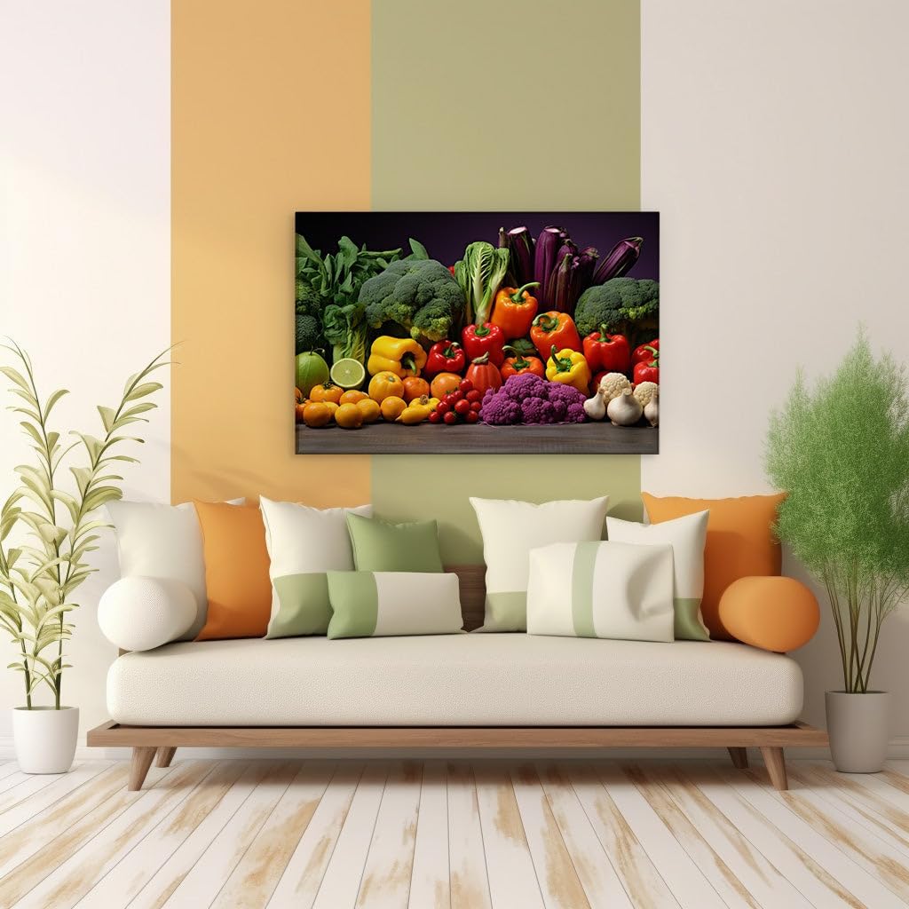 Canvas for Living room. Vibrant Harvest: A Symphony of Fruits and Vegetables in Living Color, 27 x 18 inch Canvas Wall Art - Ready to Hang