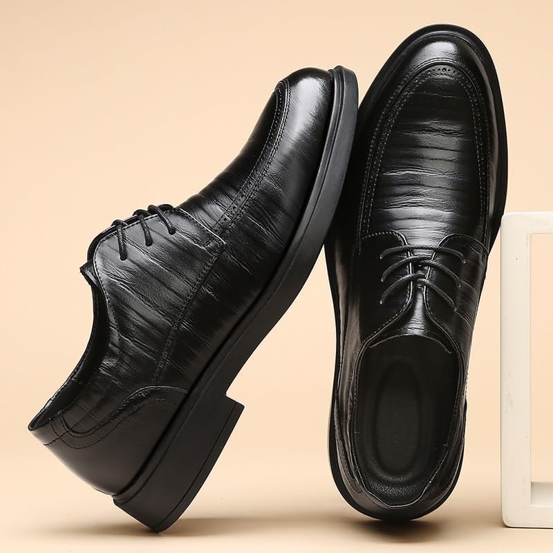 Dress Shoes for Men Lace Up Pointed Toe Vegan Leather Apron Toe Derby Shoes Block Heel Anti-Slip Low Top Prom