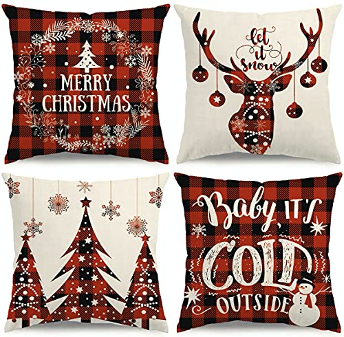 MODOVOS 4pcs 18Ã—18 Inch Christmas Pillow Covers Christmas Decorations Buffalo Plaid Pillow Covers Linen Christmas Pillow Case for Sofa Couch Christmas Snow Pillow Covers