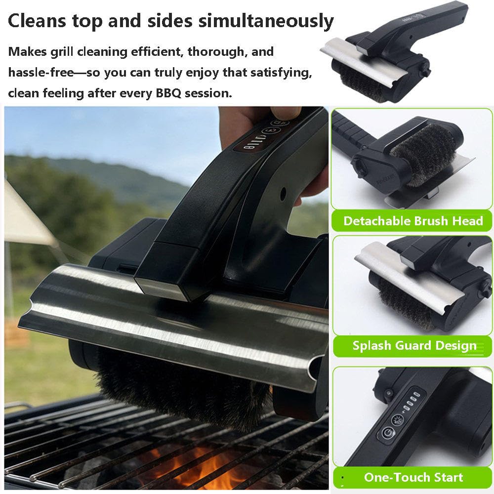 Spazzola Elettrica Senza Fili per Barbecue, Pulitore Rotante A 360°, con Protezione Antischizzo, Luce LED E Rullo Rimovibile in Acciaio Inox; Adatta per Griglie da Interno Ed Esterno