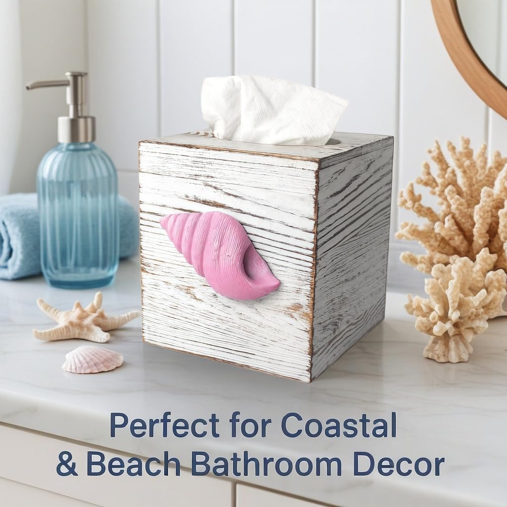 Coastal Tissue Box Cover Wooden Retro with Sliding Bottom Panel Beach Decor for Bathroom Bedroom Living Room,Conch Decor Suitable for Coastal Gifts Beach House Gifts