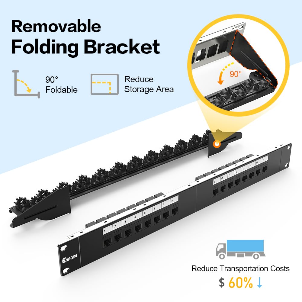 Panneau de brassage 16 ports Cat6 Keystone RJ45 Panneau de brassage réseau UTP 1U avec gestion intelligente des câbles (pas d'attache de câble nécessaire) pour montage en rack de 48,3 cm
