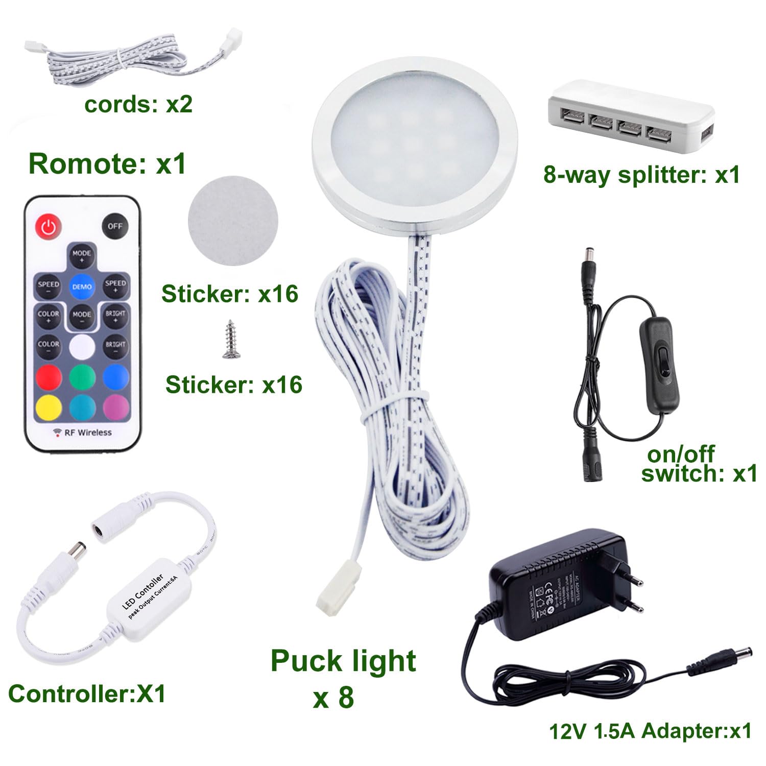 AIBOO RGB che Cambia Colore LED Sotto Il Kit di Illuminazione Dell'armadio, Luci LED A Disco Ultrasottili, Luci Dell'armadio Guardaroba per La Decorazione Dell'atmosfera Natalizia(Confezione da 8)