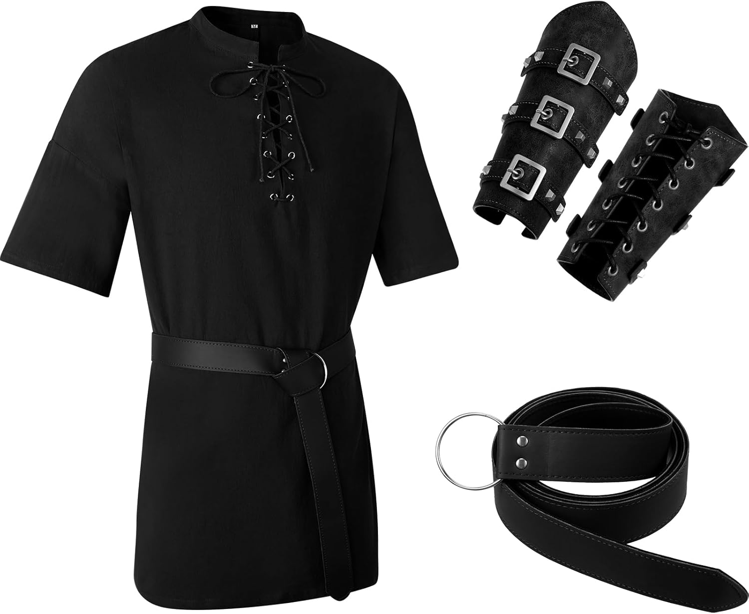 Jeyiour 3 Pcs Renaissance Costume Men Medieval Viking Tunic Knight Costume Faux Leather Arm Guards and Shirts