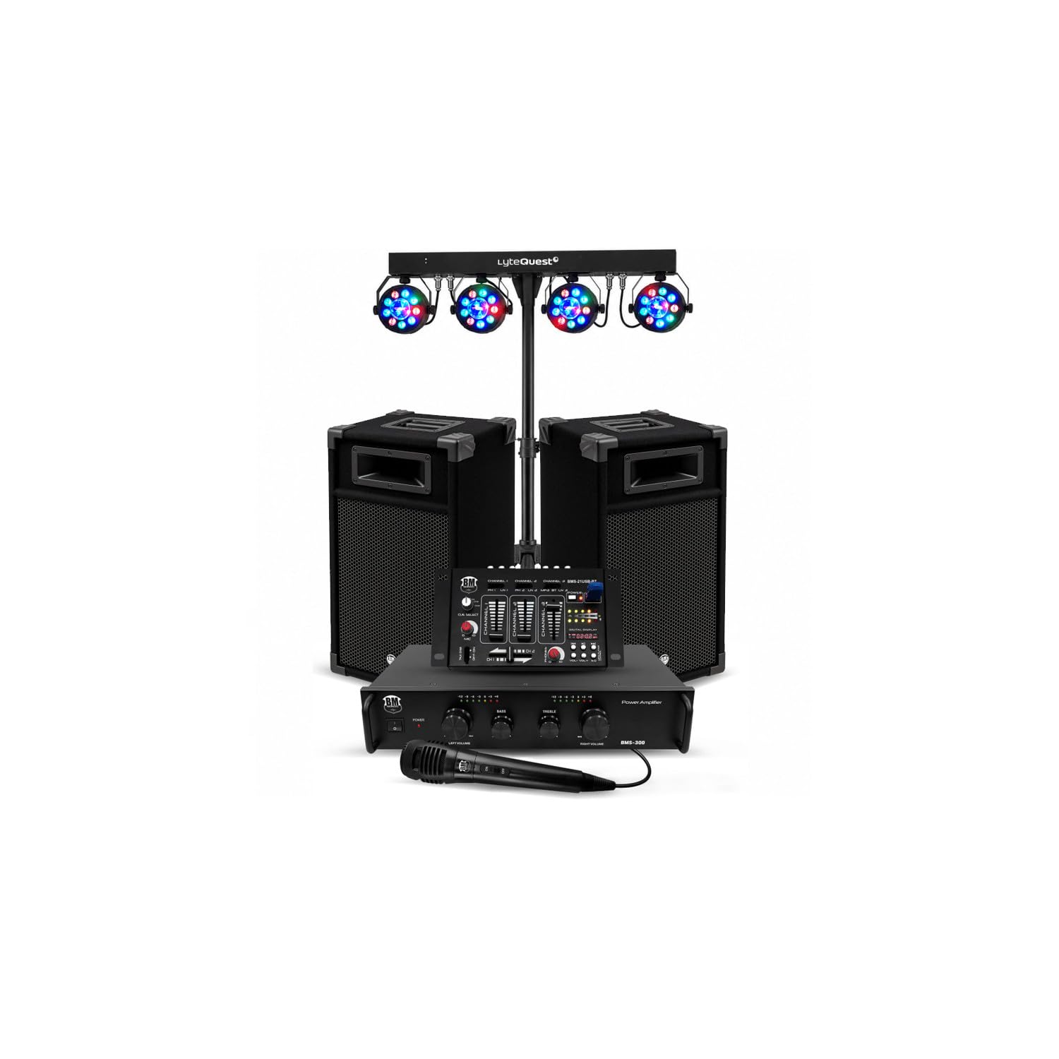 Pack sonorisation 50 100 Personnes Initiation DJ Enceintes Ampli Table de Mixage Bluetooth, Kit d'éclairage EOS LED, Evènements