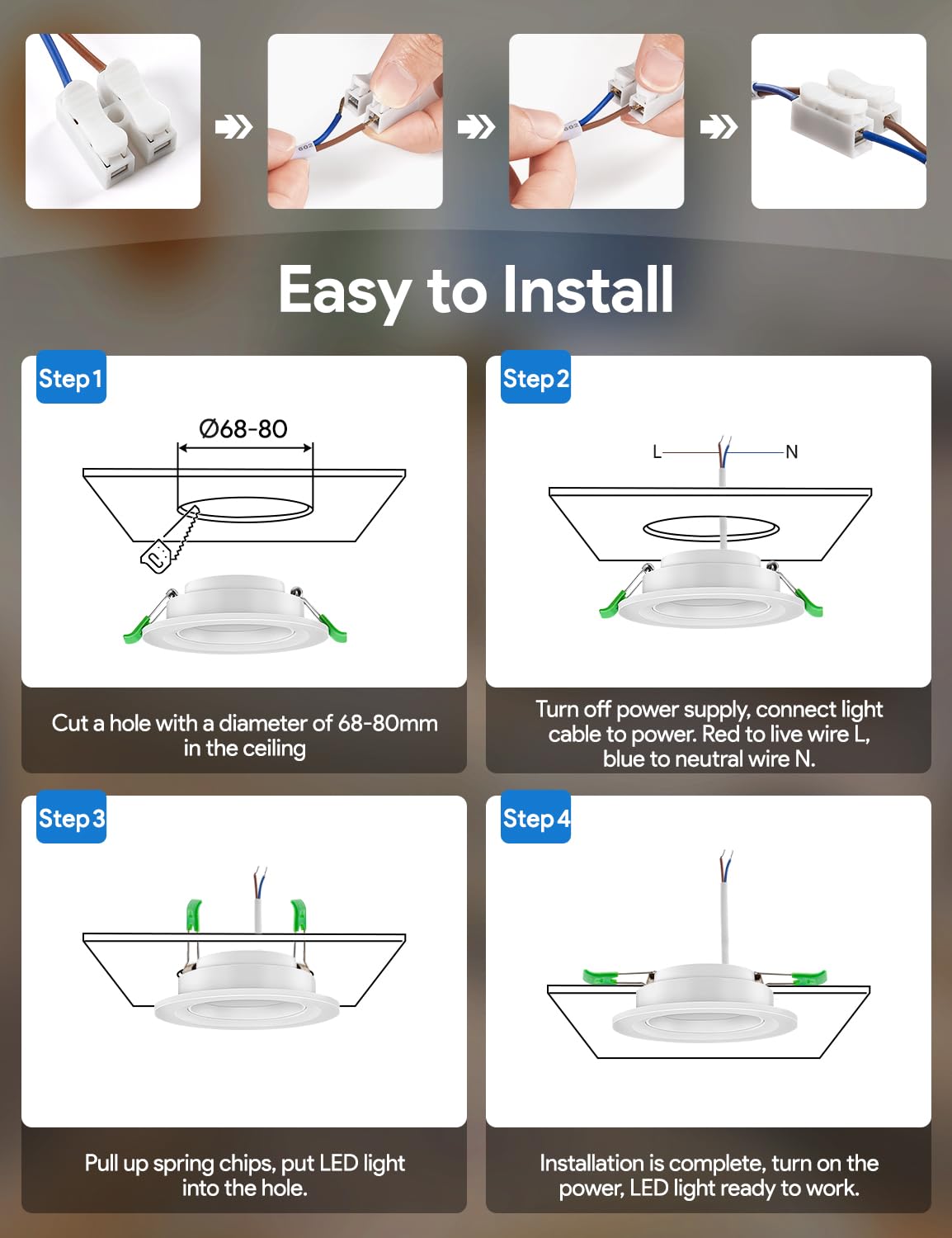 Foco Empotrable LED Techo Regulable 5W, Downlight Giratorio 450LM 3000K 4000K 6000K, IP44 Ø68-80mm Interior AC 220-240V para Baño Salón Cocina, 12 Piezas