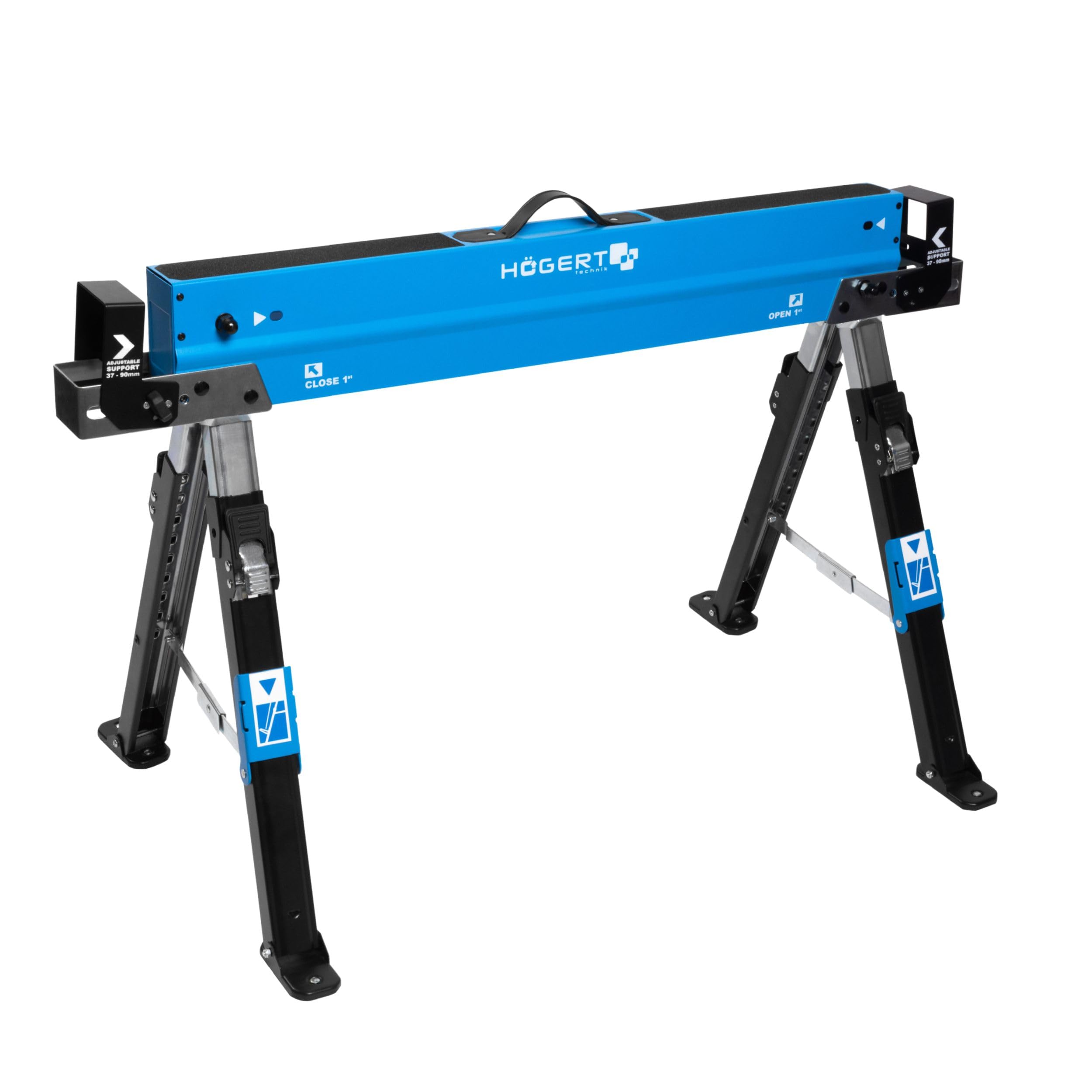 HÖGERT TECHNIK Tréteau pliant réglable en hauteur de 61,5 à 82 cm avec capacité de charge de 590 kg, supports de poutre de 40 à 90 mm, surface de travail antidérapante, supports pliables et poignée de