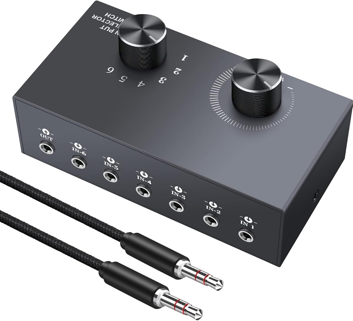 LiNKFOR 6 Ports 3.5mm Audio Switch Bidirectional 3.5mm Audio Switcher Support 1 in 6 Out or 6 in 1 Out with Volume Control No External Power for PC Phone Headphone Stereo Speaker CD Player