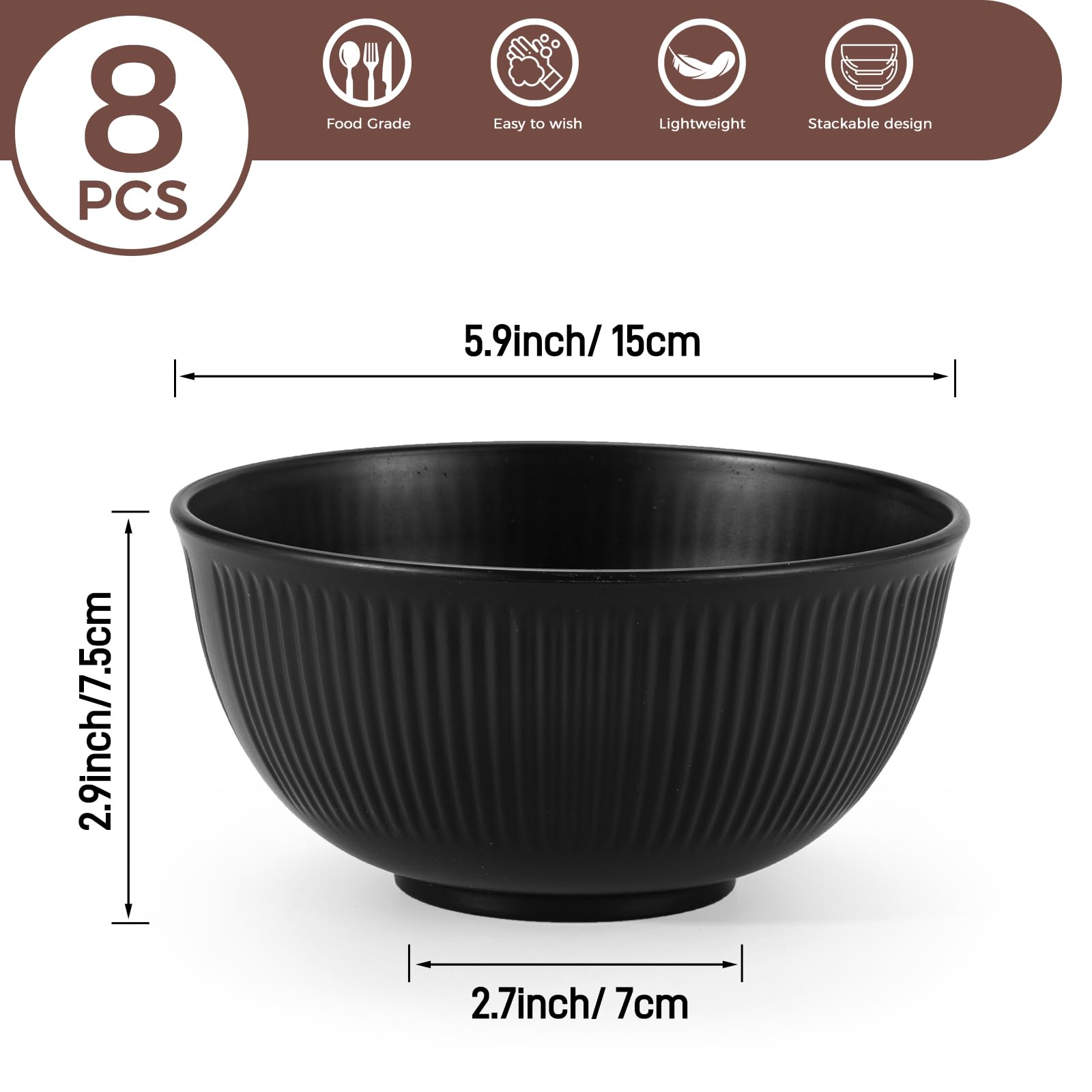 Osrioal Set of 8 Unbreakable Cereal Bowls, Lightweight Plastic Bowls, Reusable Camping Bowl for Breakfast Rice, Noodle, Salad - Image 2