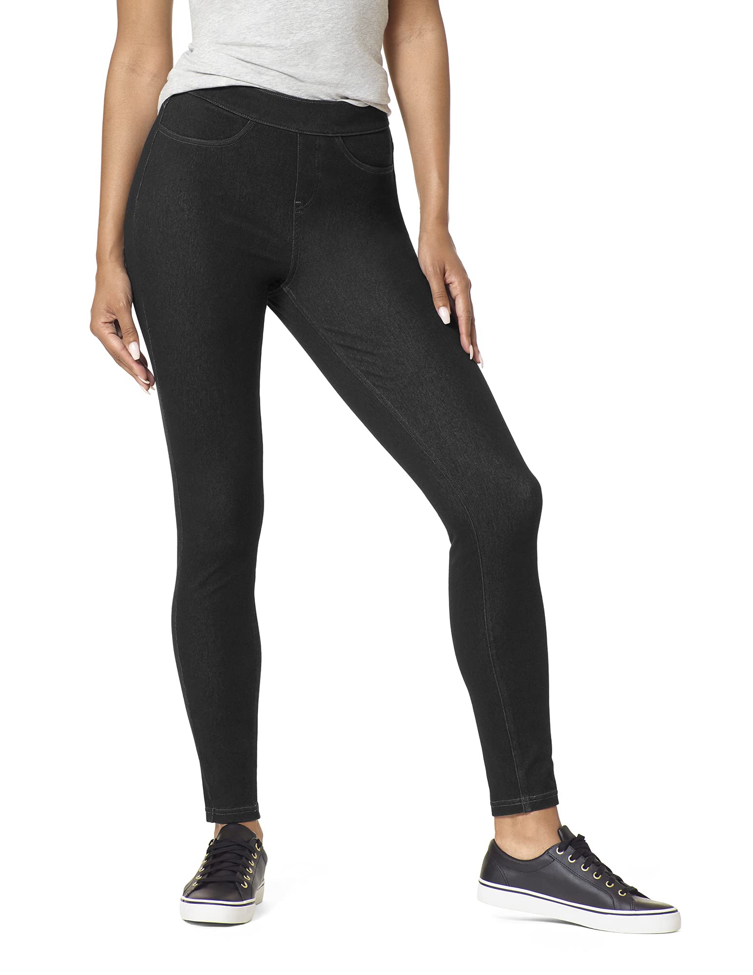HUE Women's Essential Denim Leggings with Pockets Curvy Fit Pull On Pants, Available in Plus Size