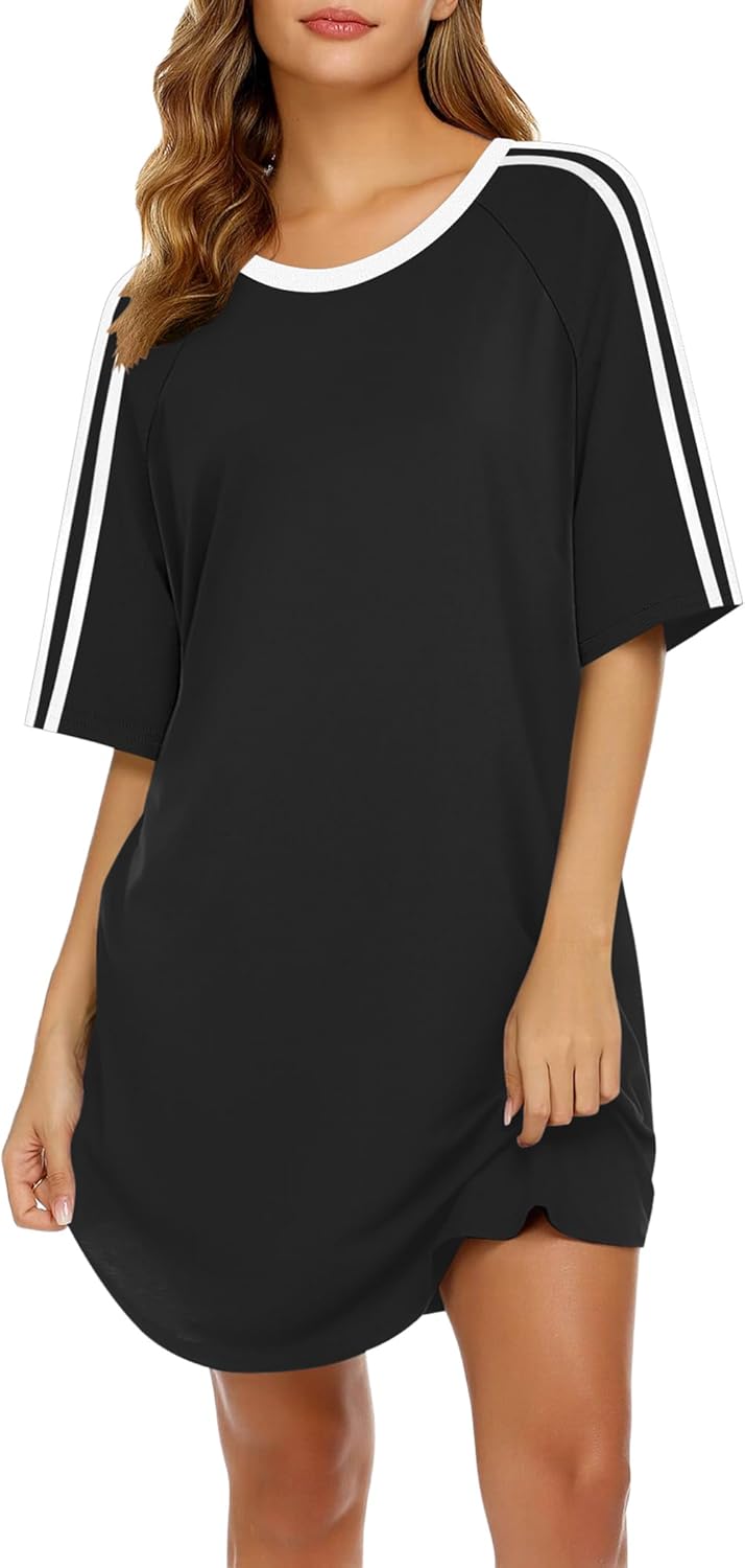 Ekouaer Women's Short Sleeve Nightgown - Soft Colorblock Crew Neck Sleep Shirt & Lounge Dress