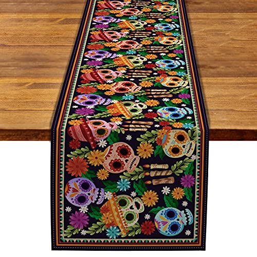 Rainlemon Linen Dia De Los Muertos Tischläufer mexikanischer Sugar Skull Halloween Tag der Toten Rustikale Küche Esszimmer Dekoration Cover