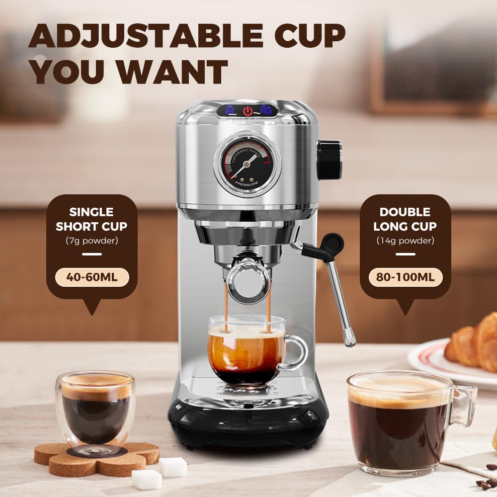Cafelffe MK-601 2 en 1 20 bares con espumador de leche y manómetro, modo caliente/frío, infusión rápida de 1450 W, compatible con café molido y cápsulas ESE 44 mm, depósito de 1,1 L