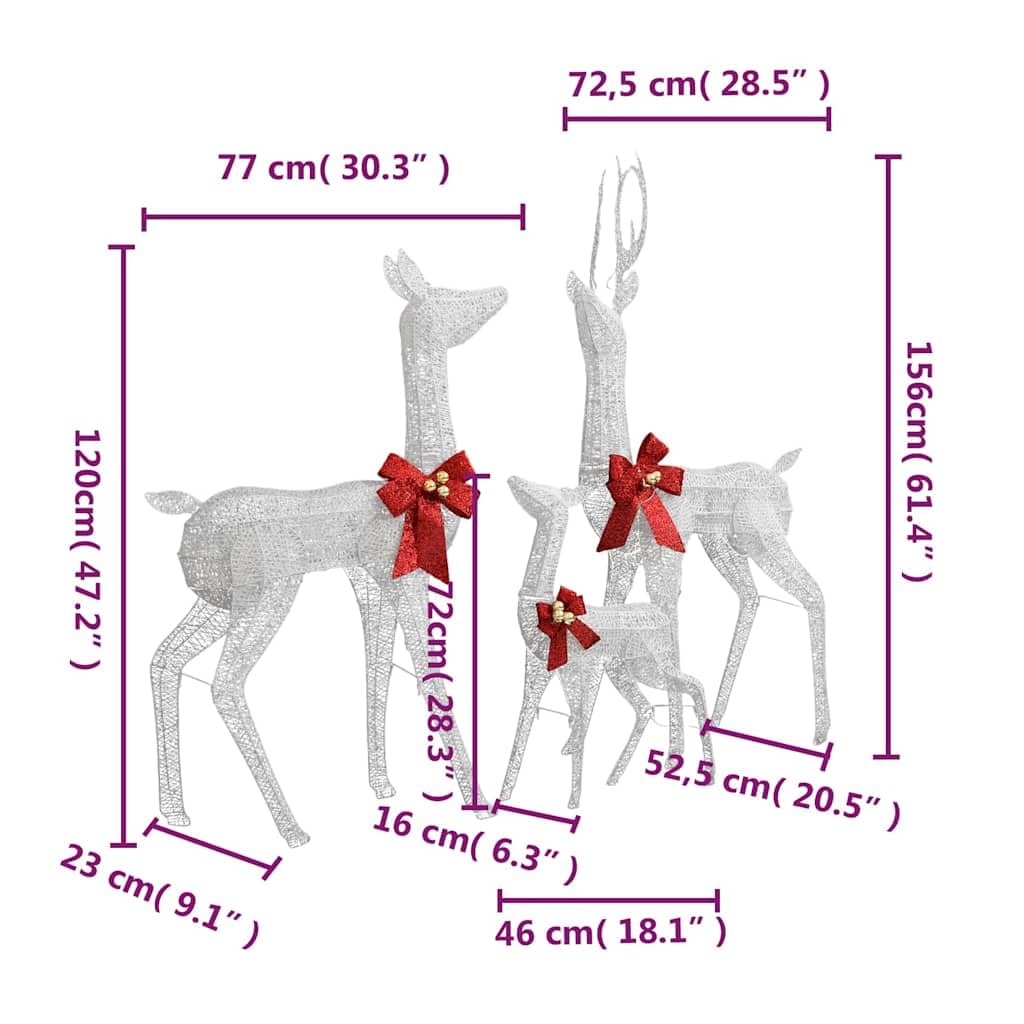 Rentier Familie Weihnachtsdeko 201 LED 3er Set mit 8 Leuchtmodi für Innen und Außen Weiß Silber