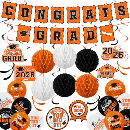 2026 Graduation Party Supplies Kit - Grad Decor Set with Congrats Grad Banner, Class of 2026 Hanging Swirls, Graduation Balloons & Honeycomb Balls - for High School & College Celebrations(Orange)