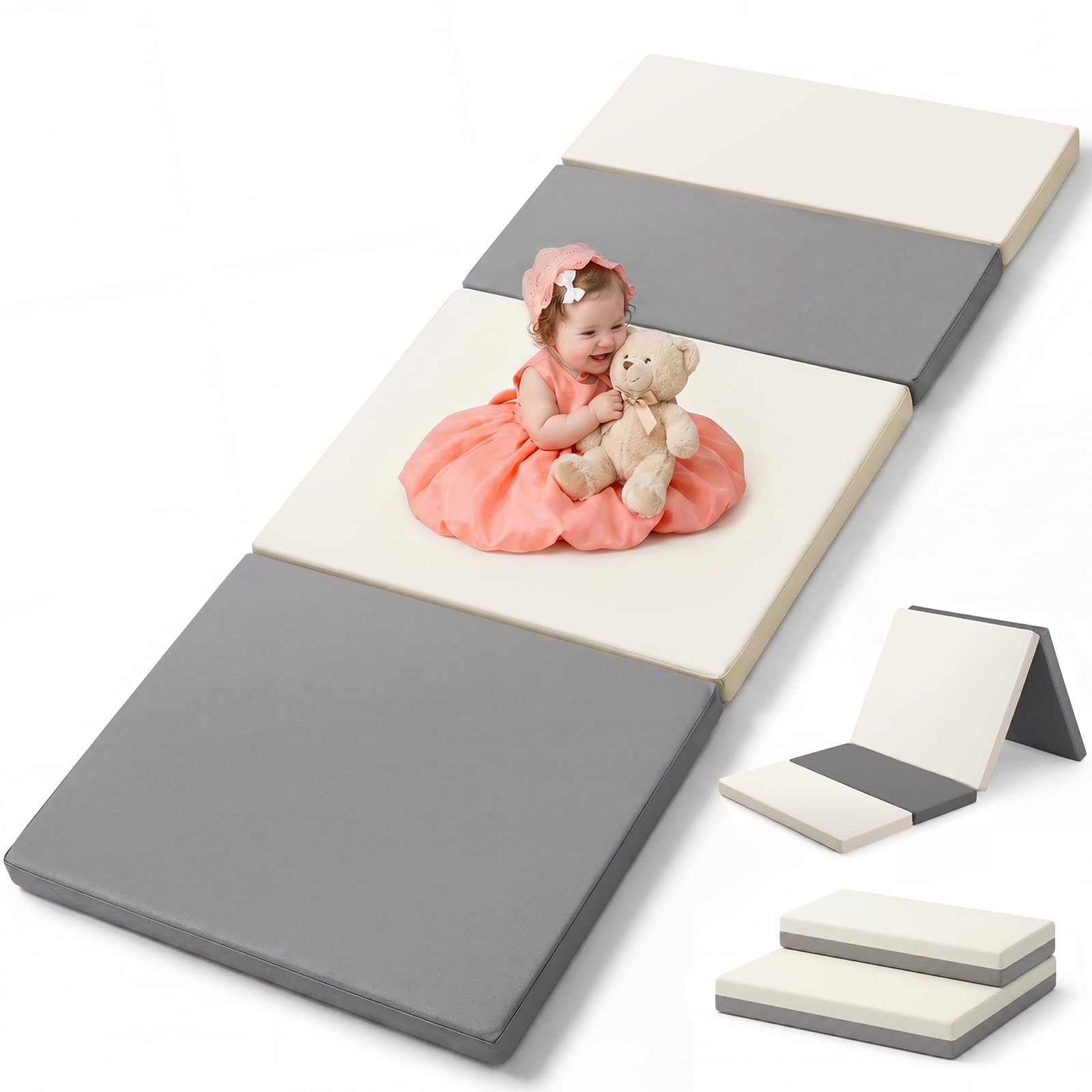 Mallify Tappetino da gioco pieghevole, 180 cm x 76 cm di spessore, tappetino portatile e impermeabile, box in pelle PU per neonati e bambini, grigio e bianco
