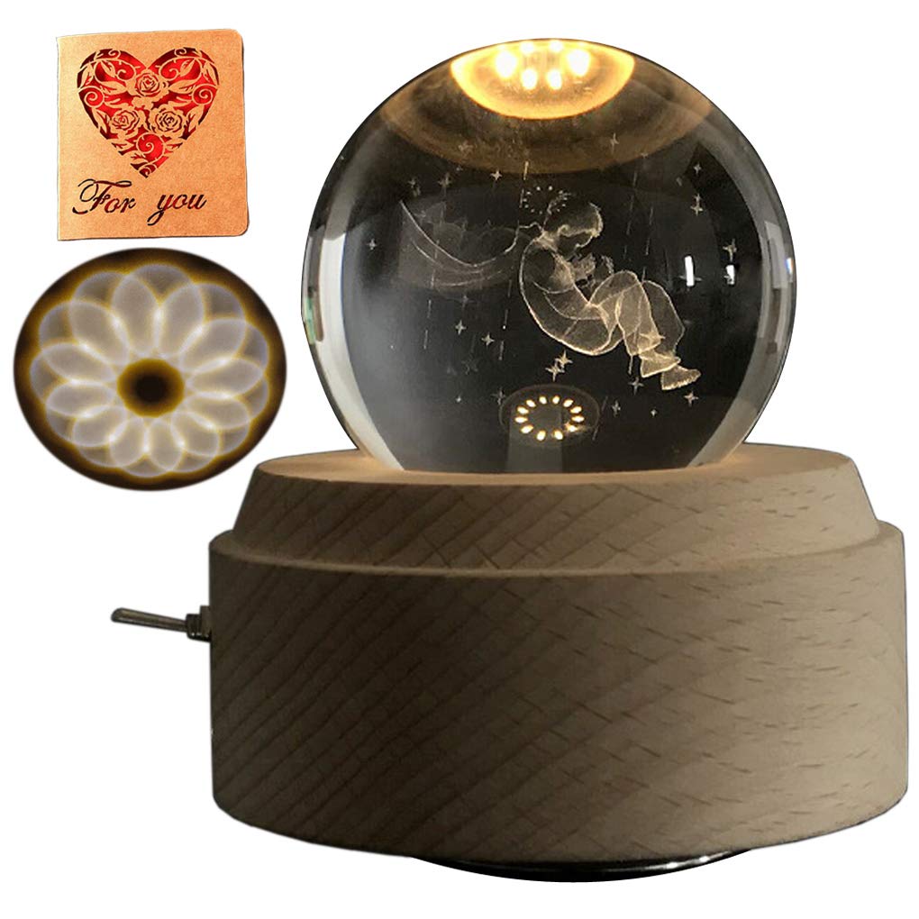 Amperer 3D Crystal Ball Music Box Little Prince Luminous Rotating Musical Box with Projection LED Light and Wood Base Best Gift for Birthday Christmas (9# Starry Sky)