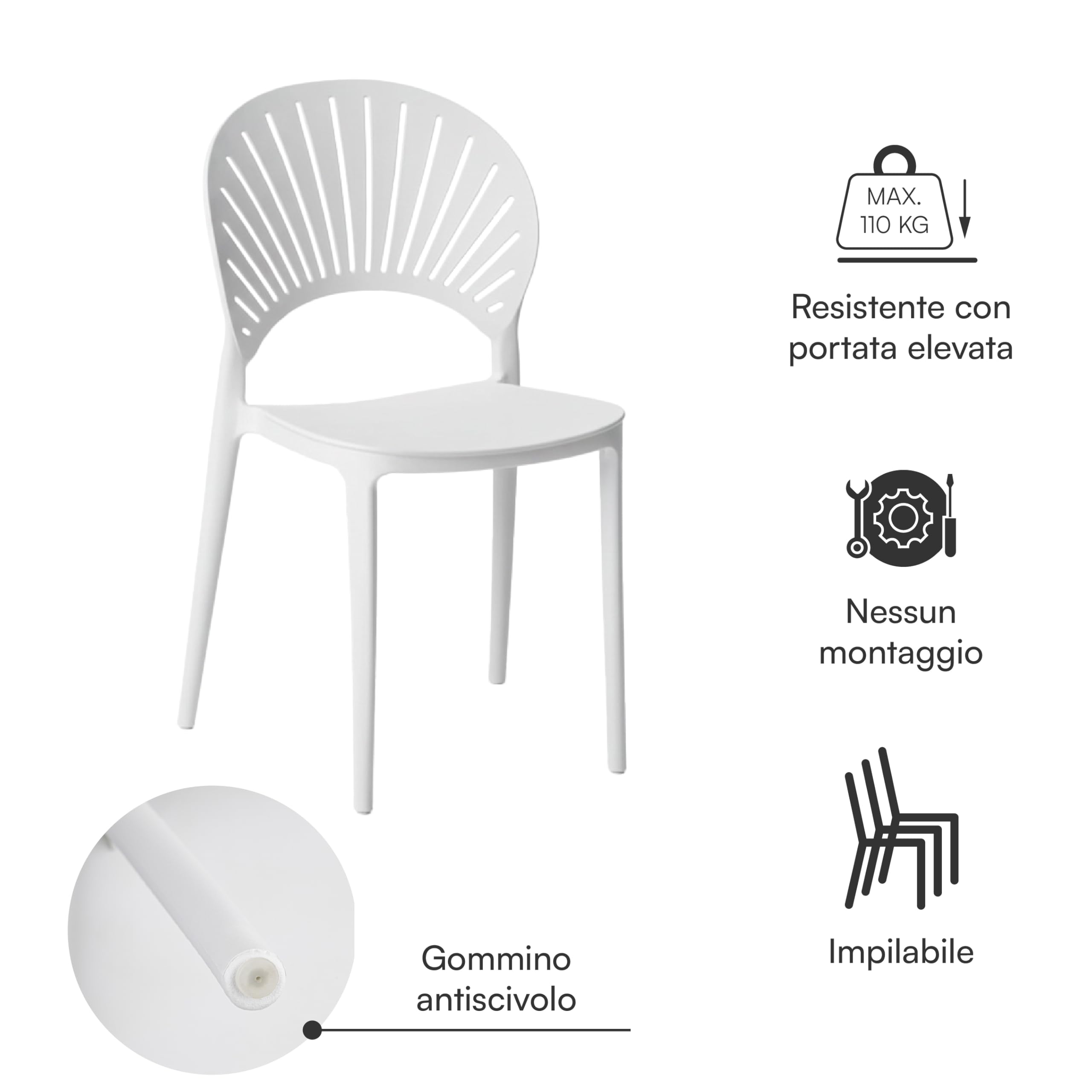 Baroni Home Set 4 Sedie in Plastica Impilabili, Senza Montaggio, Facili da Pulire, con Gommini Antiscivolo, per Cucina, Soggiorno, Sala da Pranzo, 36x37x72 cm Bianca Schienale a Raggi