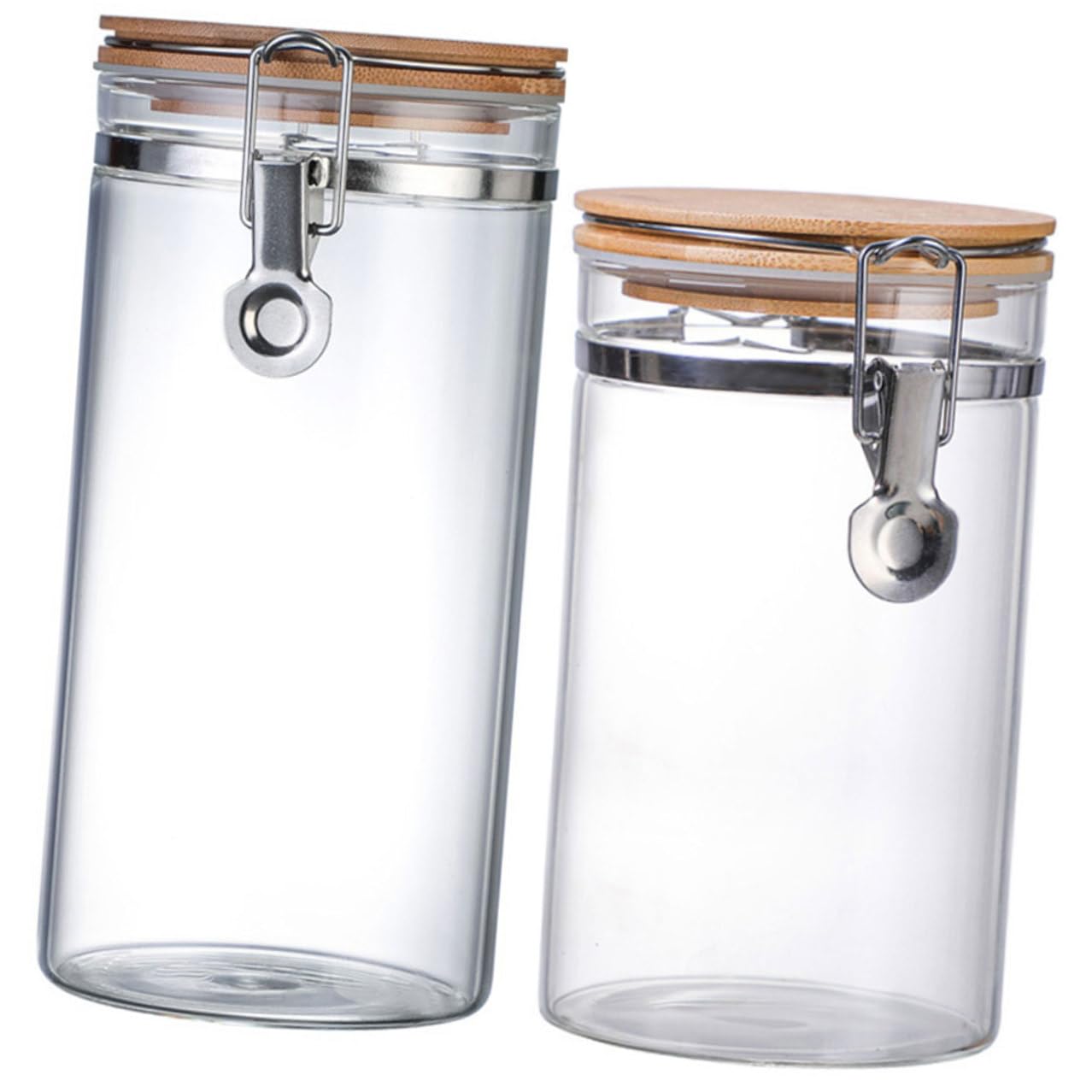 Veemoon 2 Tarros Herméticos de Vidrio para Cereales y Dulces, Tapa de Acero Inoxidable y Madera, 1140ml y 1280ml, Cocina