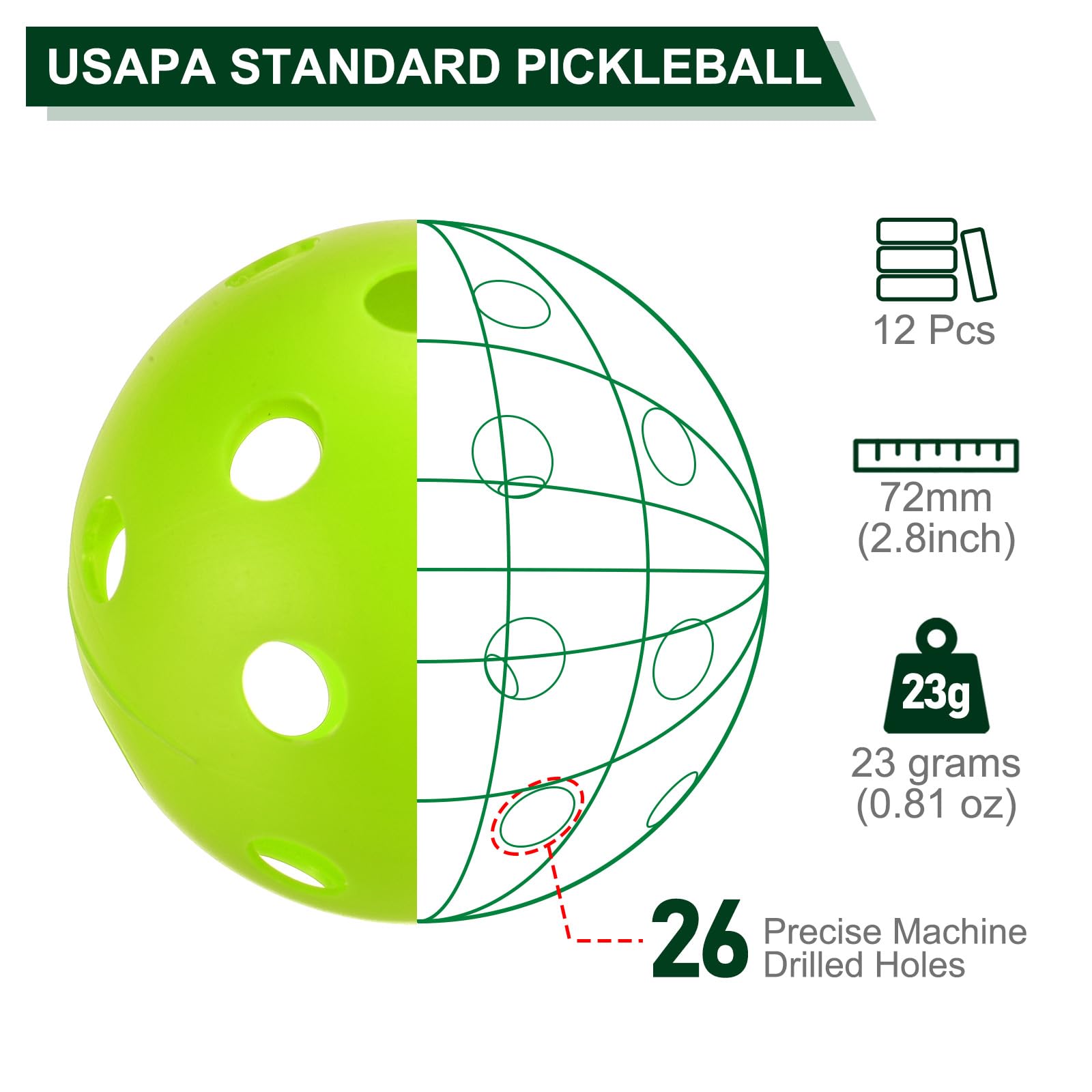 PATIKIL Outdoor Pickleball Balls 26 Holes Pickleball 12 Pack Pickleball Balls for Amateurs Indoor and Outdoor Sport Yellow Green - Image 2