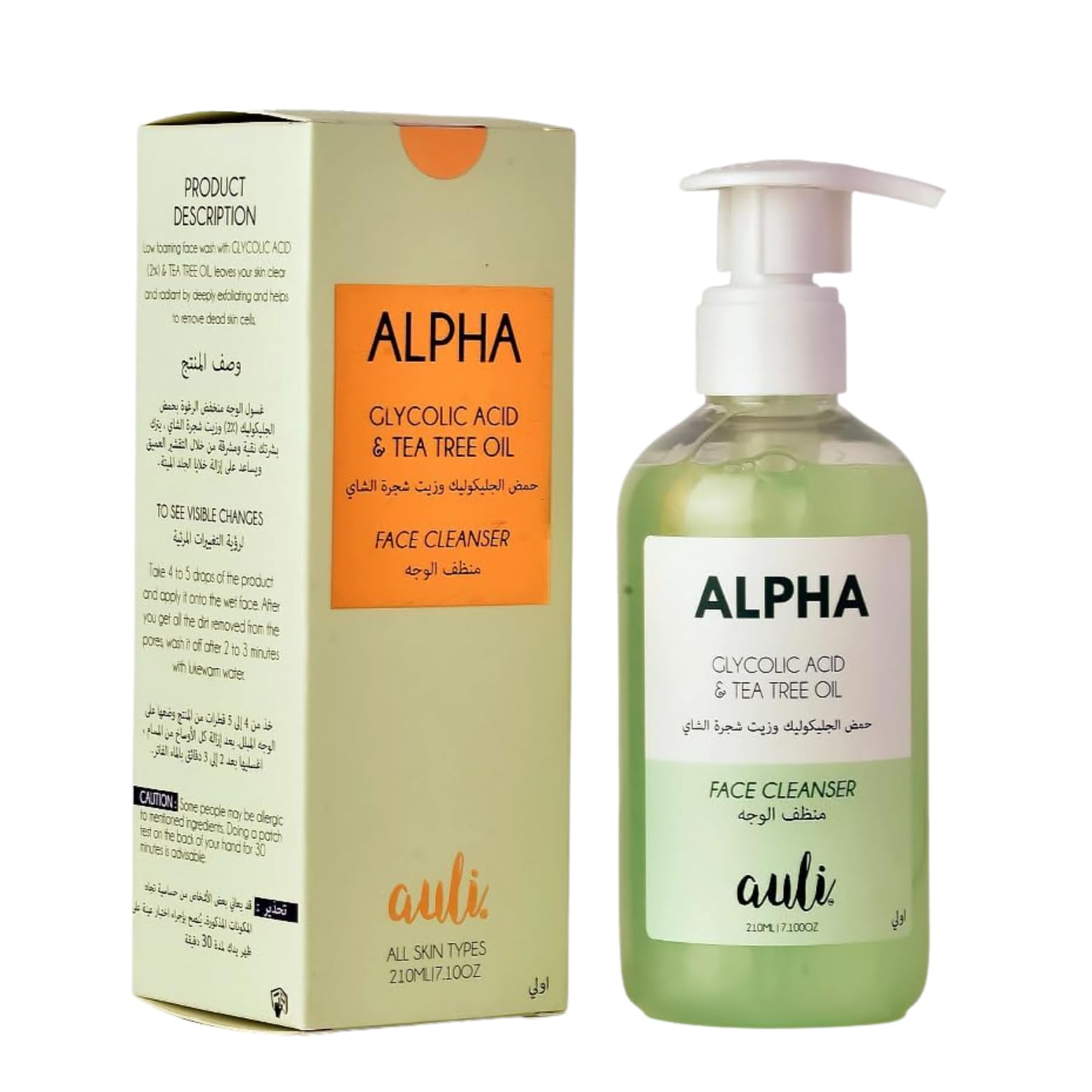 Auli Alpha Face Cleanser with Glycolic Acid & Tea Tree Oil, Low Foaming Face Wash for All Skin Types, Exfoliating Facial Wash for Men & Women, Deep Cleansing & Hydrating, Fights Acne, 210m