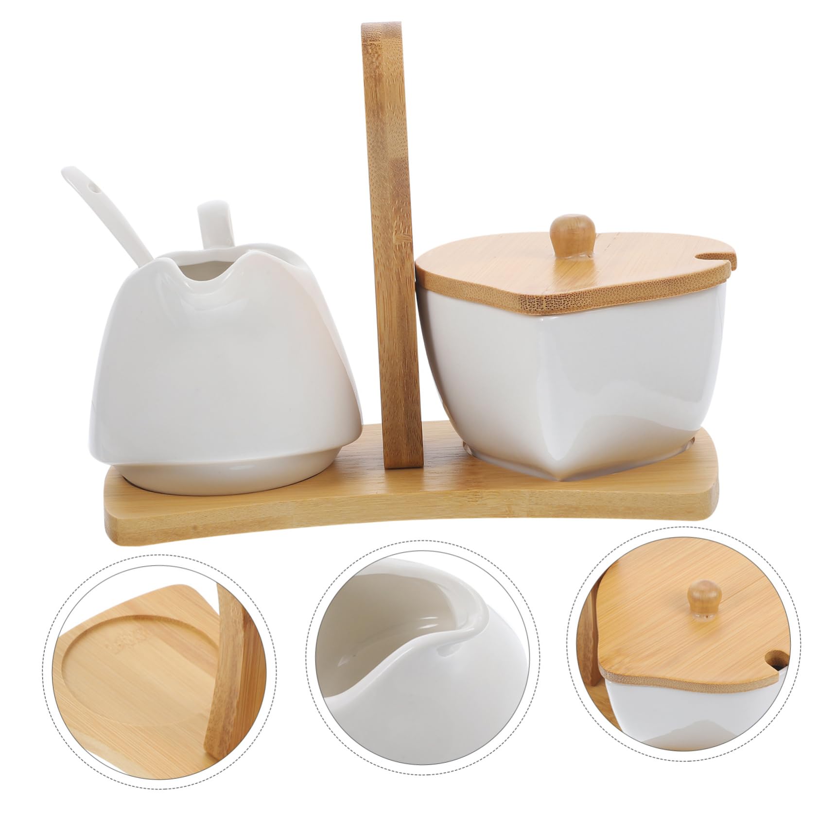 Alipis Azucarero y Jarra para Crema De Cerámica Blanca con Bandeja y Cuchara De Bambú para Hogar y Hotel Diseño Sencillo y Elegante para Servir Azúcar y Nata Mesa Dulce