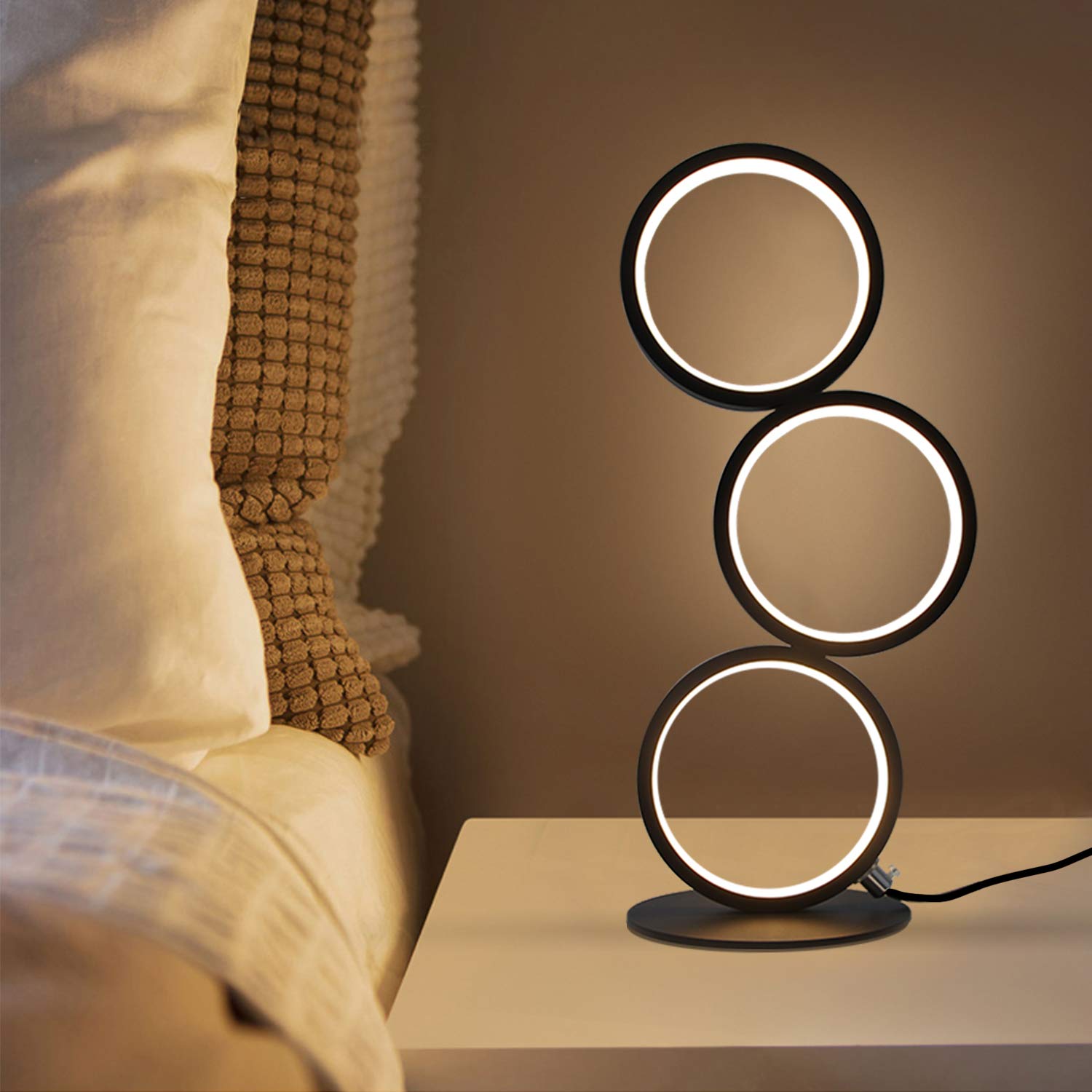 GBLY 2x LED Tischlampe Dimmar Modern Nachttischlampe Schwarz | Schreibtischlampe in Ringform aus Aluminium 12W Deko Nachtlampe mit 2 9M Kabel und EU Stecker Schlafzimmer Wohnzimmer Büro