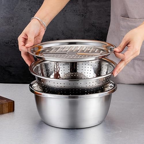 Slowtee Rallador de acero inoxidable 3 en 1 con colador de drenaje para ensalada de frutas y verduras como cesta de lavado en la cocina