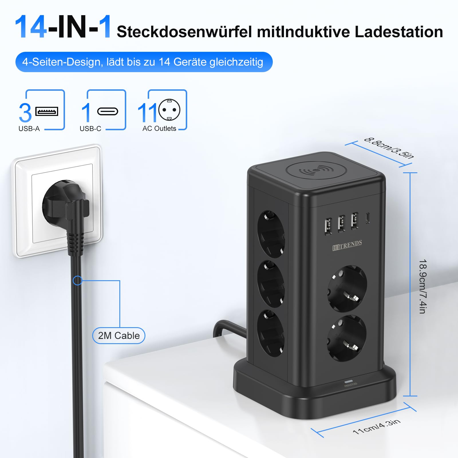 Ciabatta elettrica con USB, 11 prese, con caricatore wireless, torre con stazione di ricarica induttiva, cavo da 2 m, protezione da sovratensione
