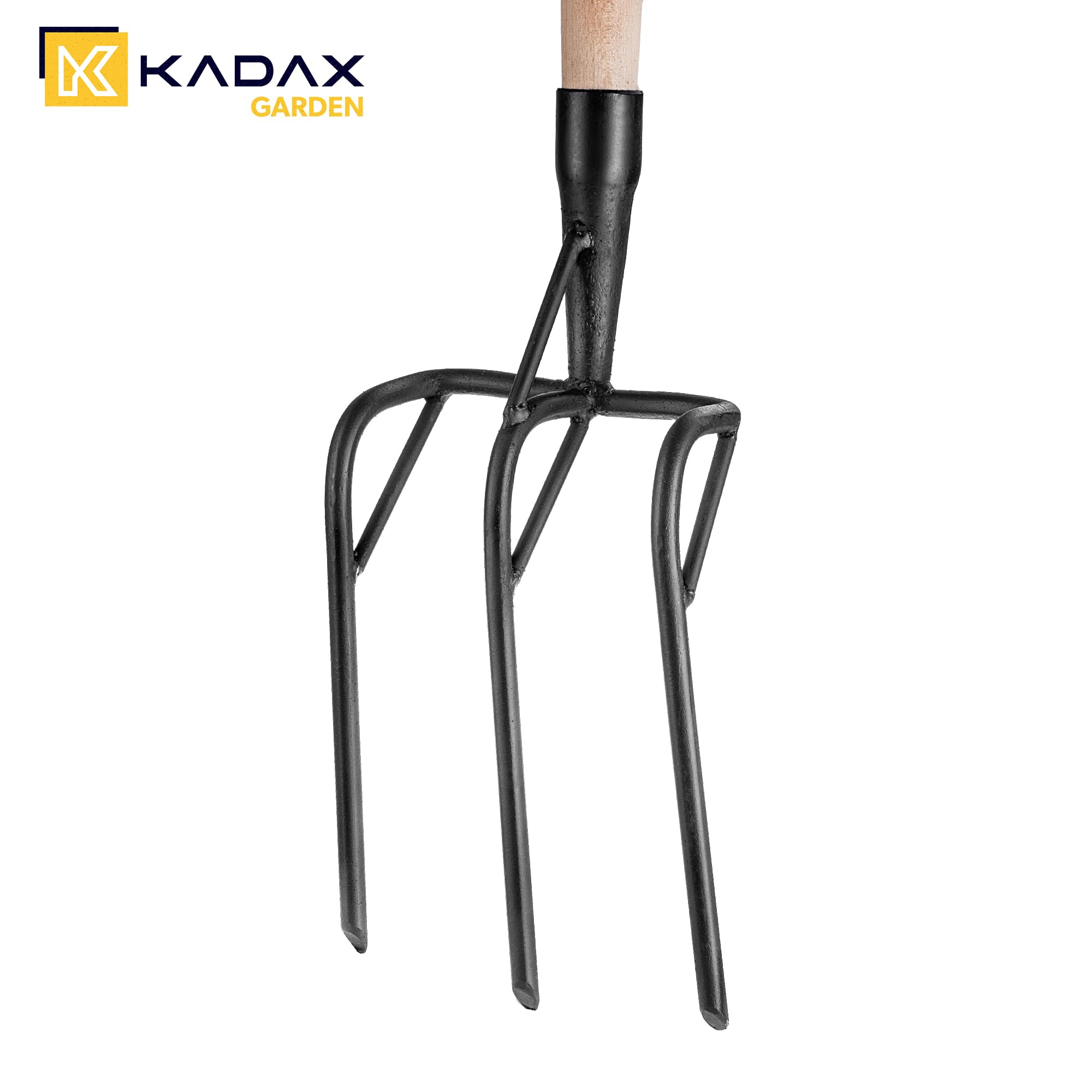 KADAX Fourche bêche avec tête en acier renforcé, 3 dents et poignée ergonomique en T, fourche de jardin pour ameublir et creuser les sols durs (avec manche)