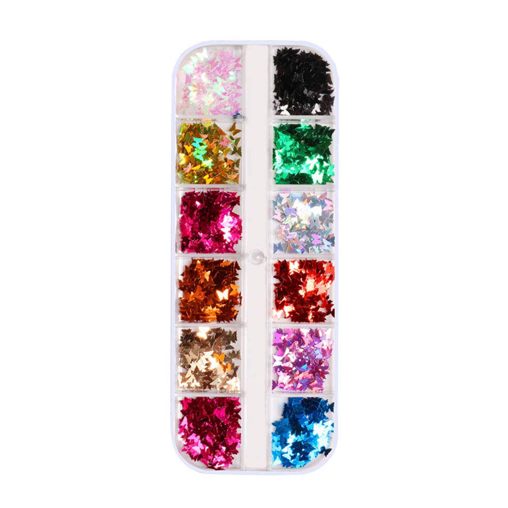 Honeytecs 12 Grids Butterfly Nail Art Glitter Sequins Iridescent Flakes Glitter Case Holographic Spangle Confetti Sticker Manicure Nail Art DIY Decals-image-16