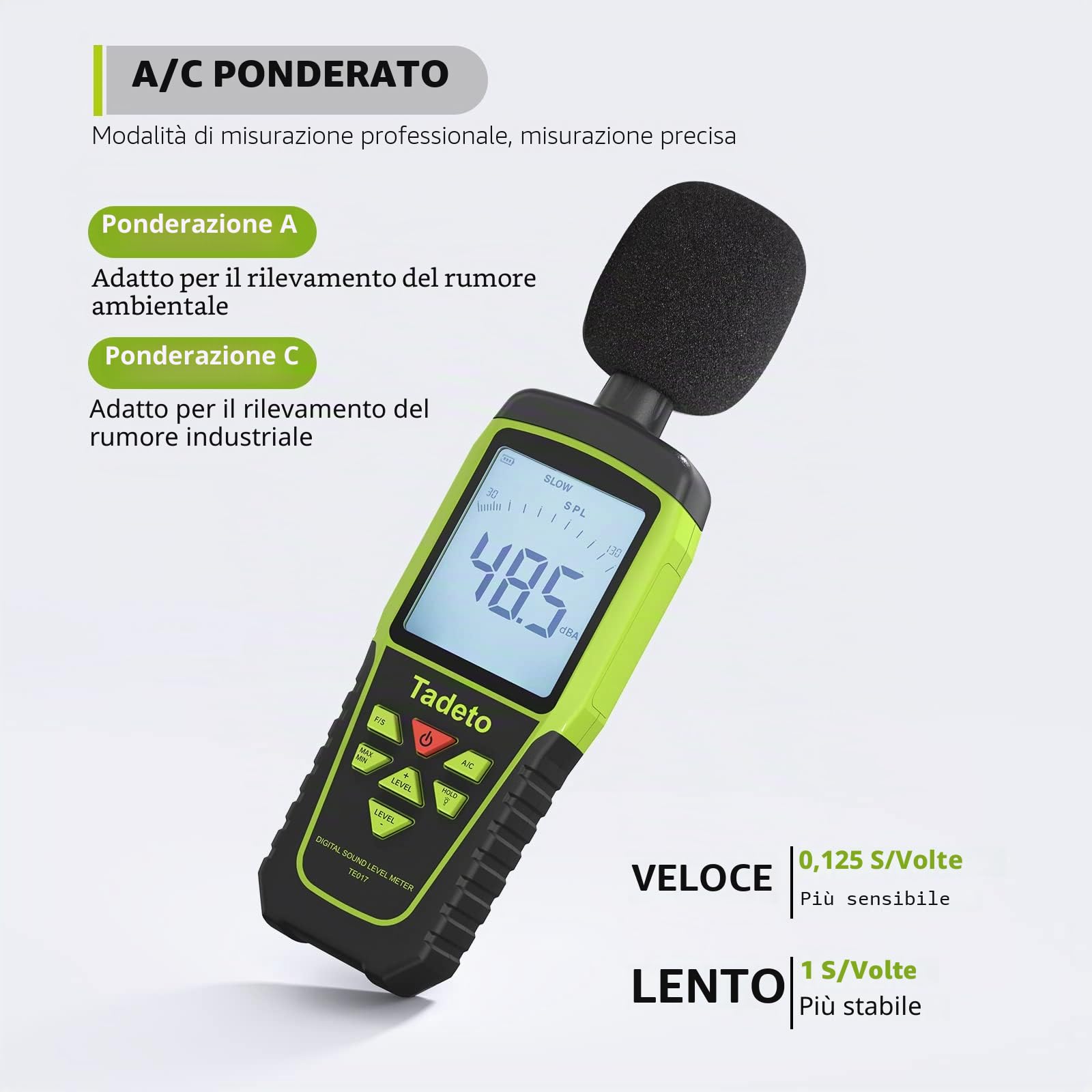 Fonometro， Tadeto Fonometro Professionale Portatile da 30dB a 130dB con Display LCD retroilluminato,Misura del rumore MAX/MIN,Conservazione dei dati,Modalità A/C，per aula, ufficio, fabbrica