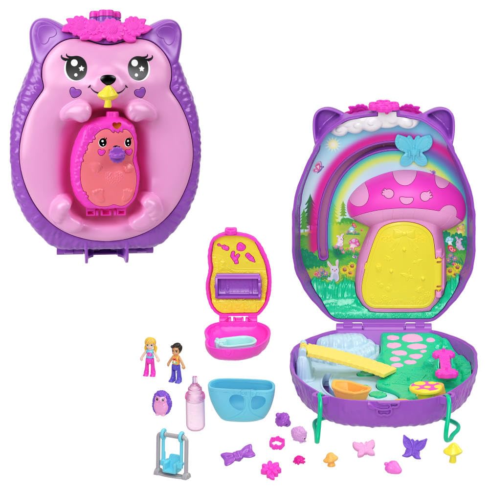 Polly Pocket - Mamma Riccio e Baby Riccio, playset 2 in 1 con borsetta a tema animali domestici, 2 mini bambole e 16 accessori inclusi, giocattolo per bambini, 4+ anni, viola, JBJ91