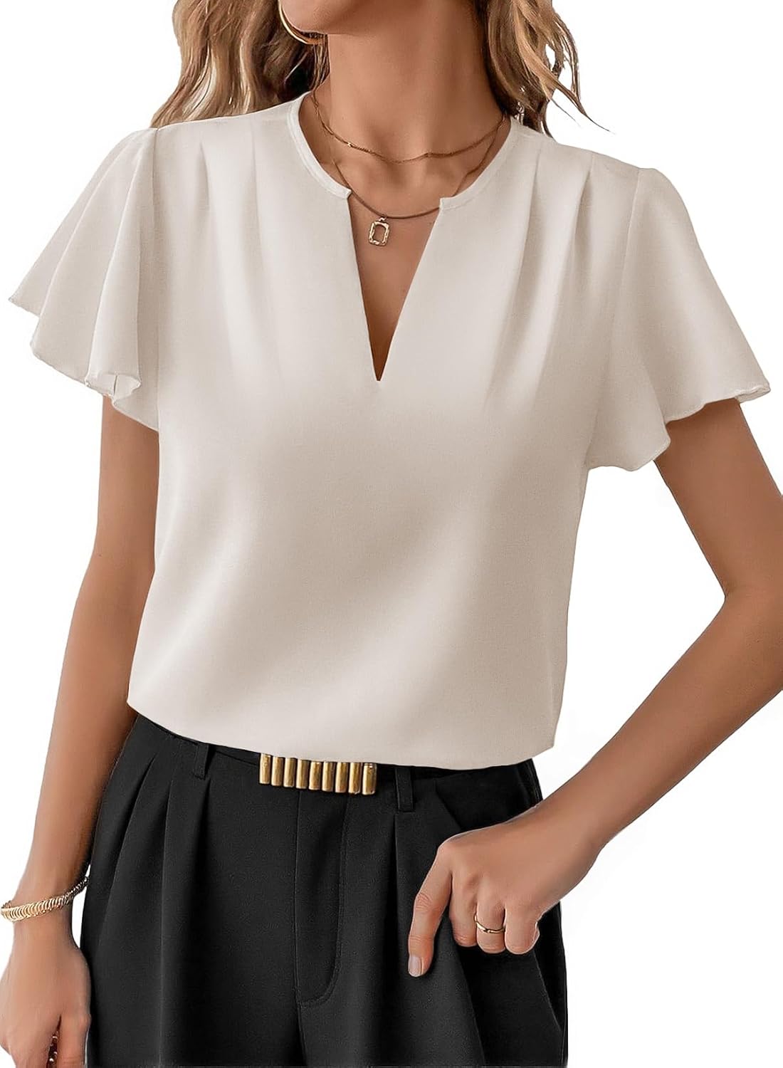 EVALESS Blouses for Women Dressy Casual Summer Ruffle Short Sleeve V Neck Work Tops Busines Office Shirts