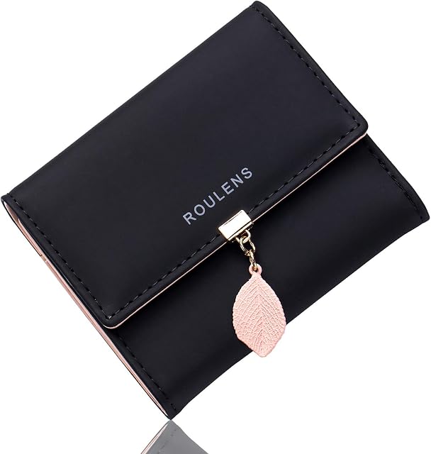 Roulens PU Leather Wallet for Women RFID-Blocking, Ladies Bifold Leaf Pendant Coin Zipper Small Purse with 5 Card Slots and 1 ID Window Card Holder Organizer