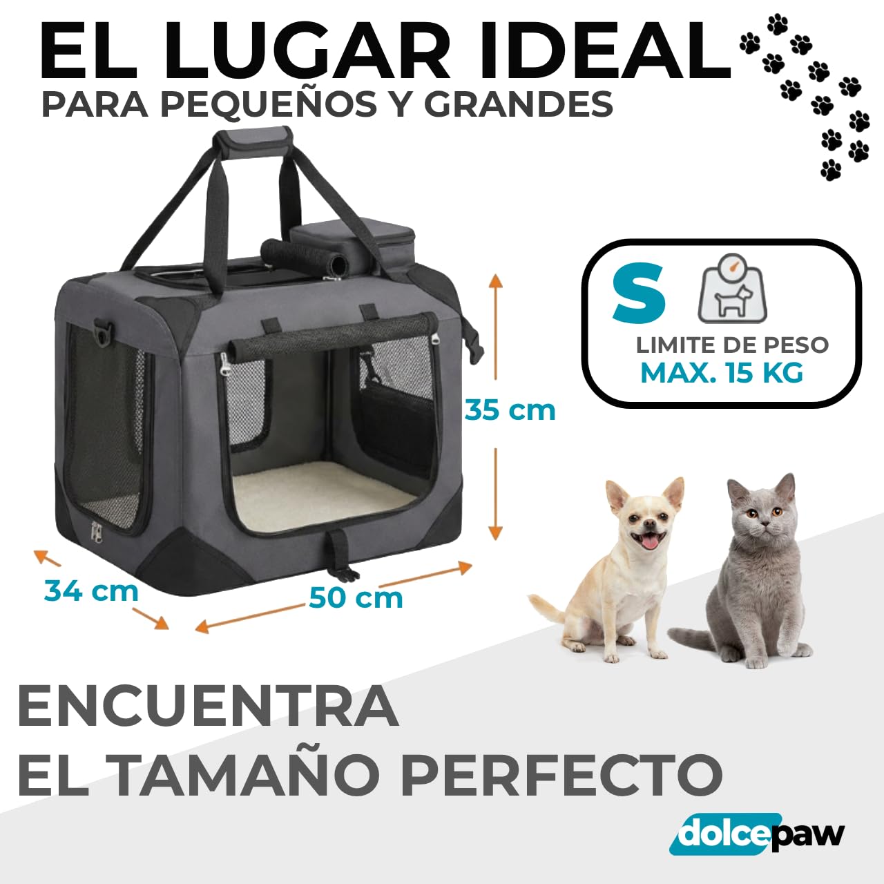 Transportin Plegable (49 x 35 x 35 cm) para Perros y Gatos con Marco de Hierro Plegable & Manta Acolchada, Caseta para Perros Resistente al Agua, Ideal para Perros y Gatos