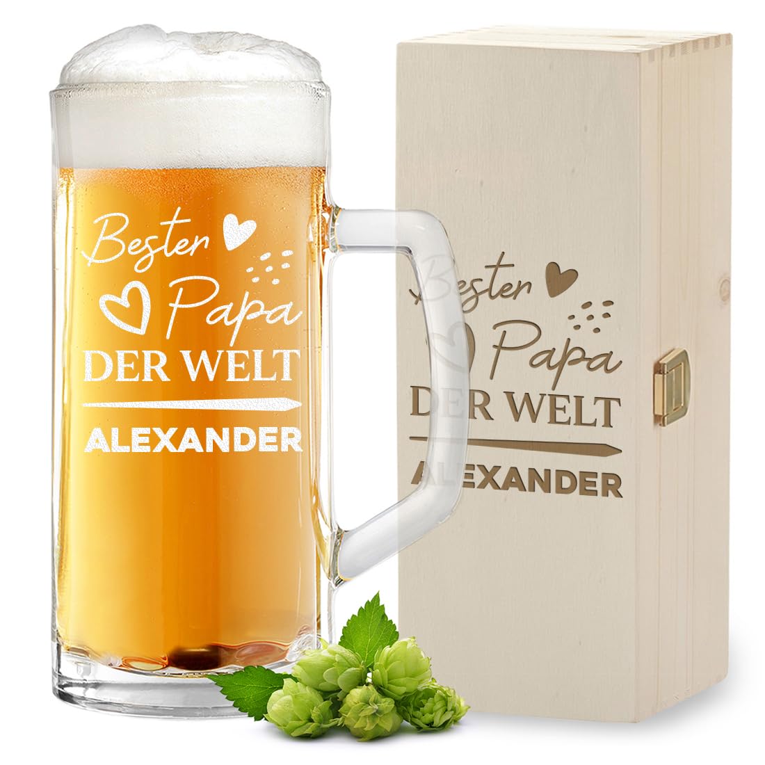Bester Papa der Welt Bierglas personalisiert - Bierkrug 0,5 L aus Glas + Holzkiste mit Gravur zum Geburtstag - das Männergeschenk - 500 ml Bierseidel zum Jubiläum