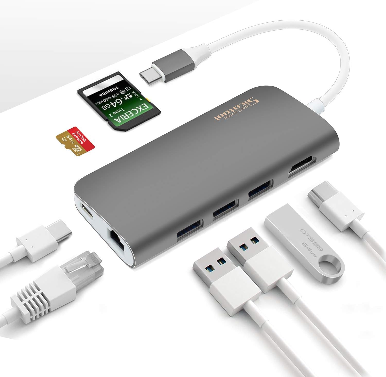 8 in 1 Type C Combo USB C Hub Adapter compatible Macbook pro Thunderbolt 3 hub with PD Power Delivery, 1Gbps Ethernet Port ,4K HDMI ,3 USB 3.0 Ports for Type C Windows Laptops(Gray)