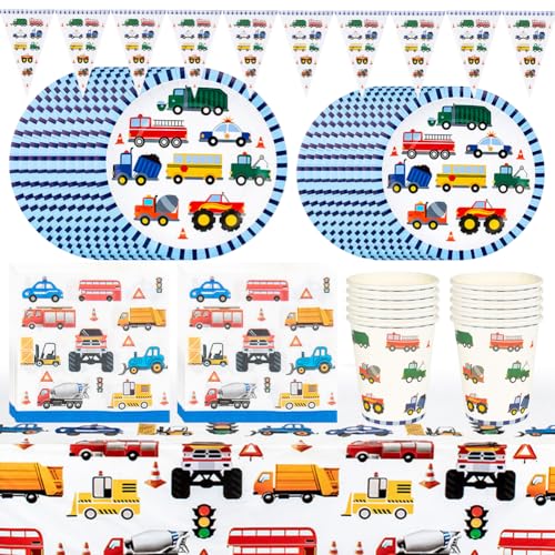 Kit vaisselle anniversaire construction enfant avec nappe et drapeaux de chantier pour garçons