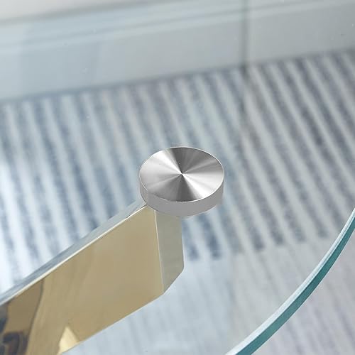 Miniatura 5 de Henf Mesa auxiliar redonda de vidrio moderna con patas de acero con acabado dorado, mesa auxiliar de sofá de vidrio templado contemporáneo para sala